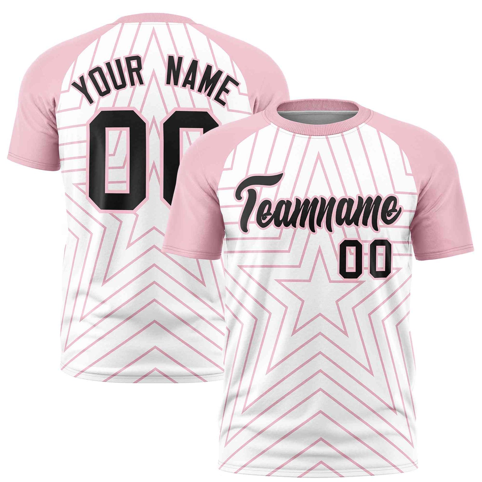 Custom White Light Pink Personalized Star Pattern Raglan Sleeves Performance T-Shirt