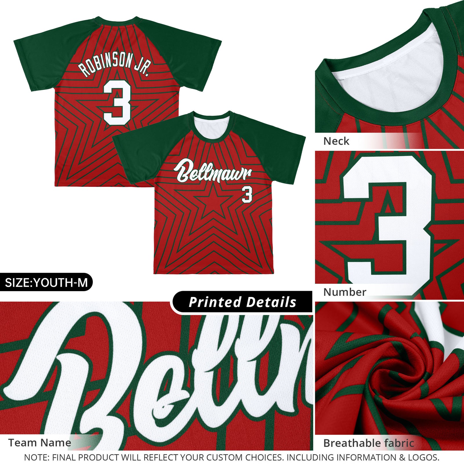 Custom Red Green Personalized Star Pattern Raglan Sleeves Performance T-Shirt