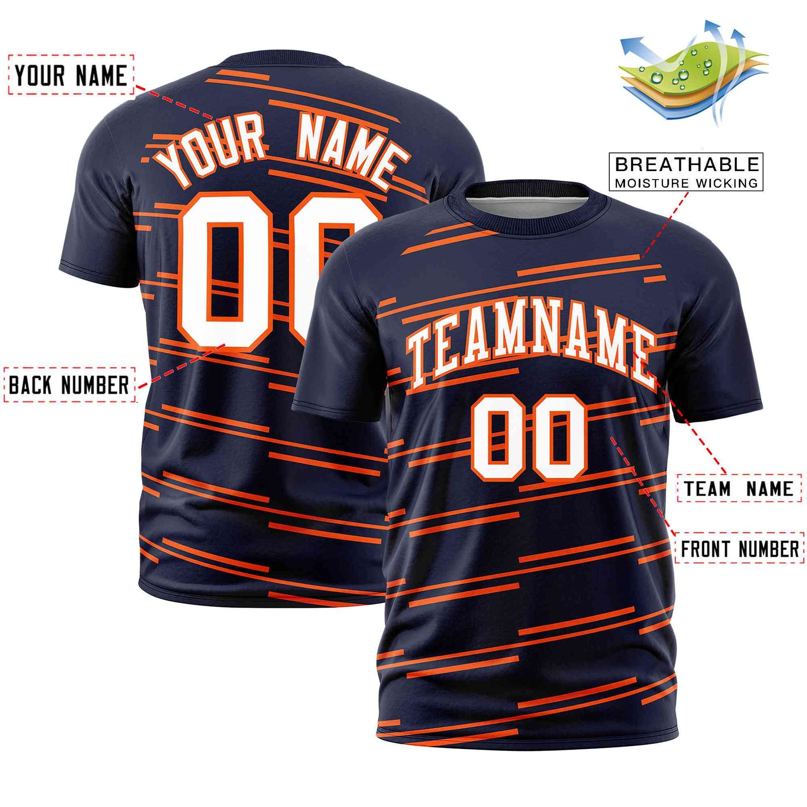 Custom Navy Orange Personalized Slanting Line Graffiti Pattern Performance T-Shirt