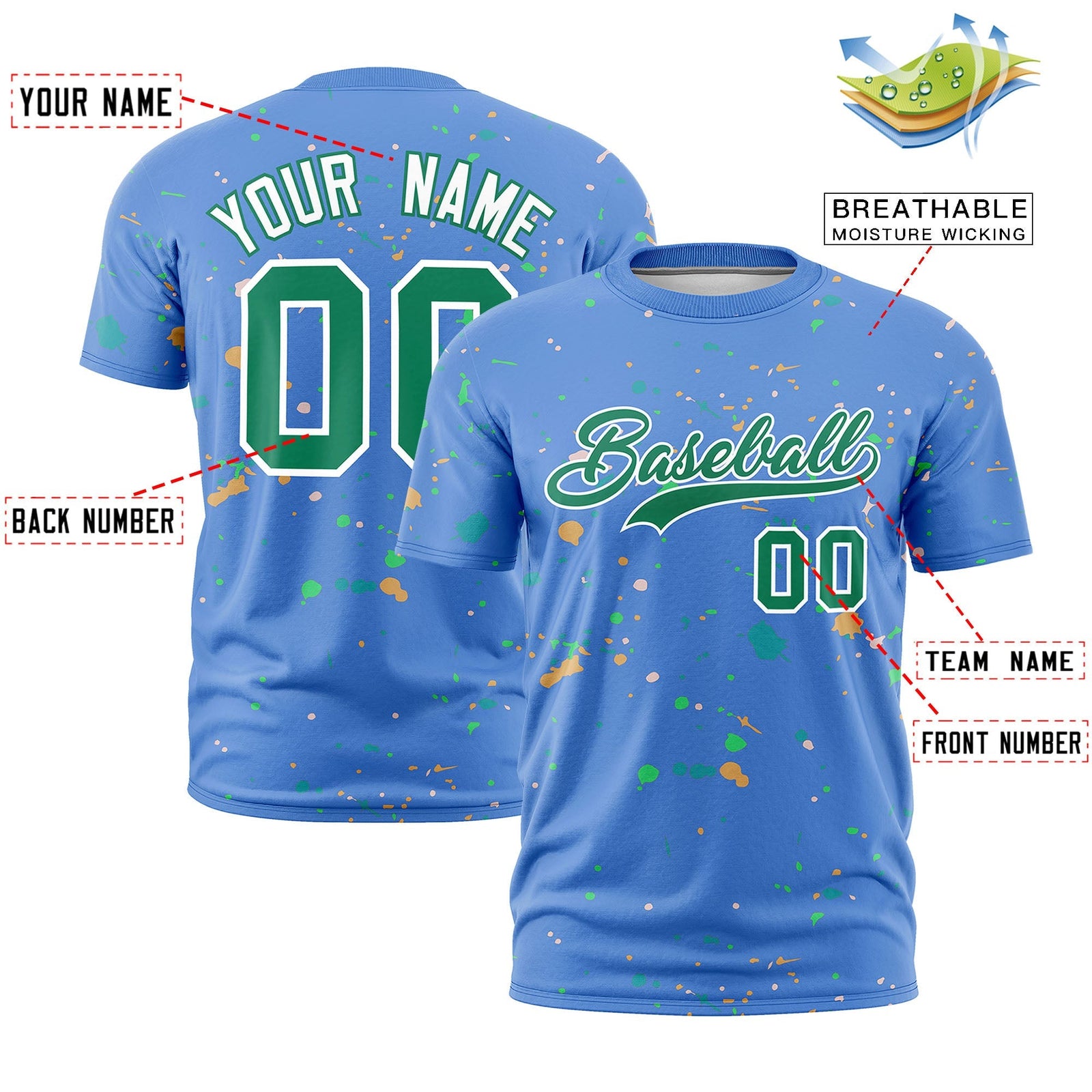 Custom Light Blue Kelly Green White Spray Painting Graffiti Pattern Personalization T-shirt| KXKSHOP