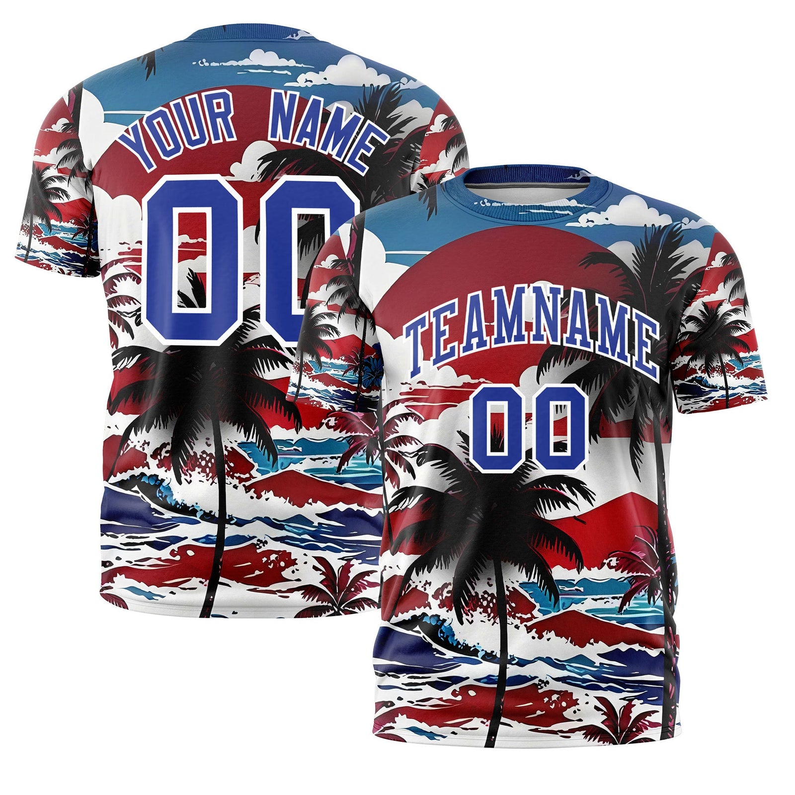 Custom Royal Blue White Graffiti Pattern Hawaiian Style T-shirt| KXKSHOP