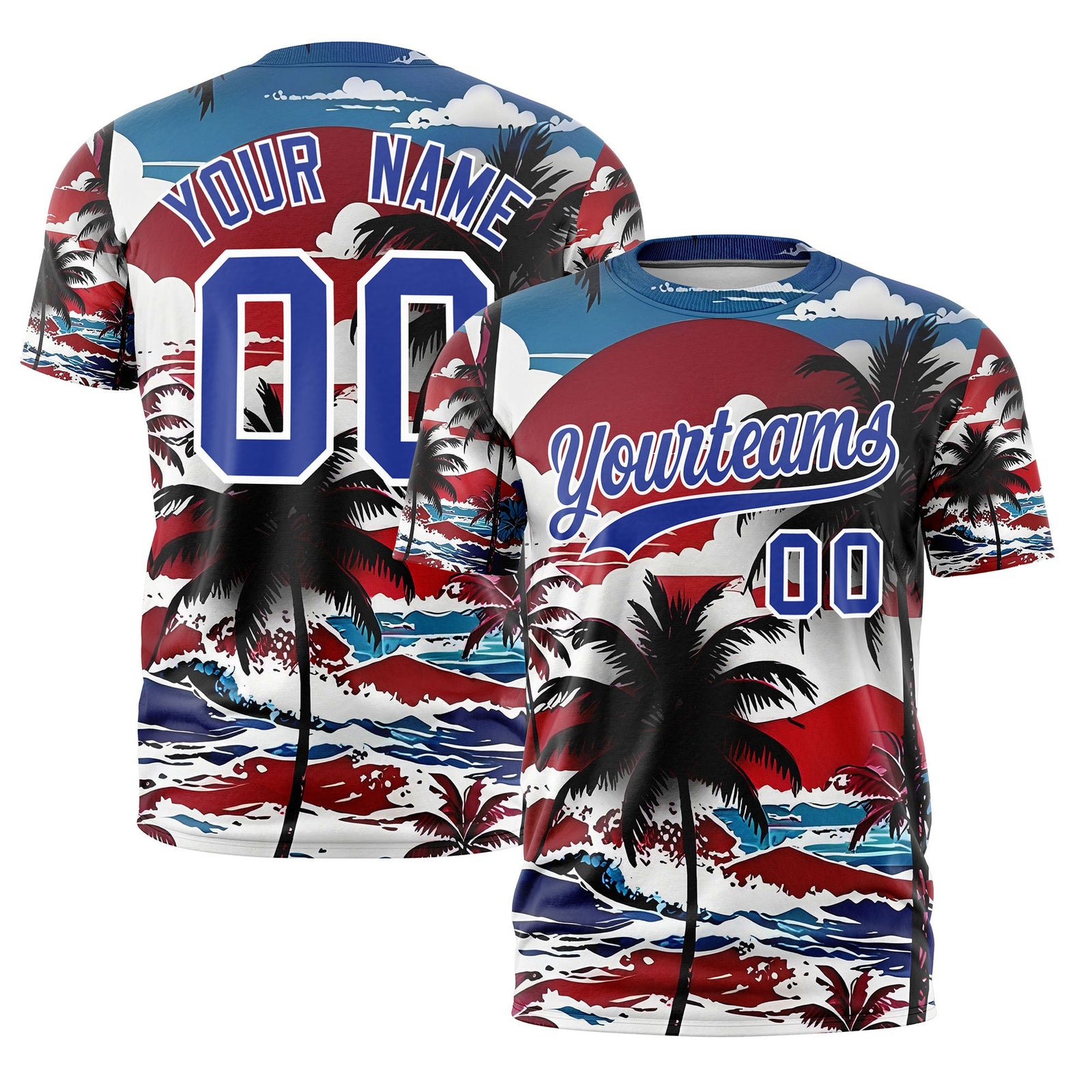 Custom Royal Blue White Graffiti Pattern Hawaiian Style T-shirt| KXKSHOP