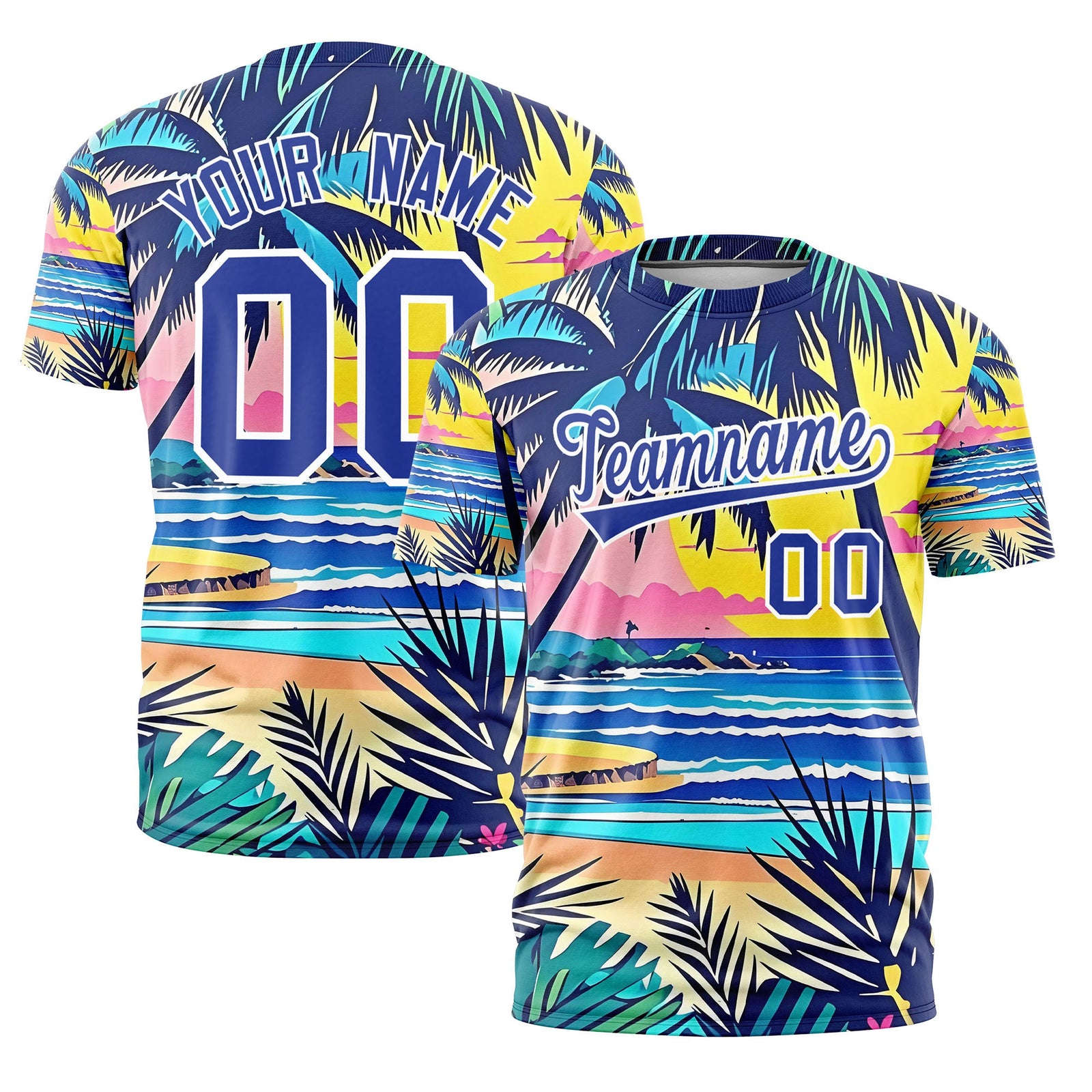 Custom Royal Blue White Graffiti Pattern Hawaiian Style T-shirt| KXKSHOP