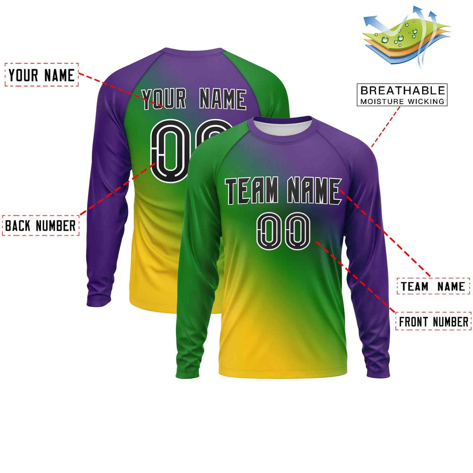 Custom Purple Kelly Green Crew Neck Personalized Mardi Gras Long Sleeve Performance T-shirt | KXKSHOP