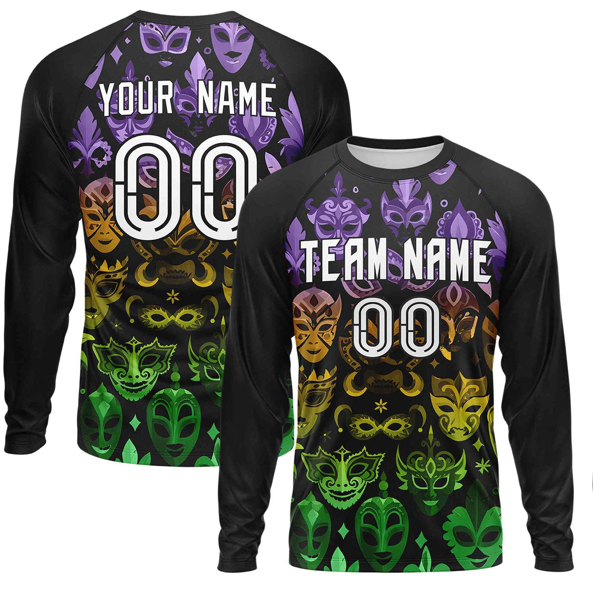 Custom Black White Crew Neck Personalized Mardi Gras Long Sleeve Performance T-shirt | KXKSHOP
