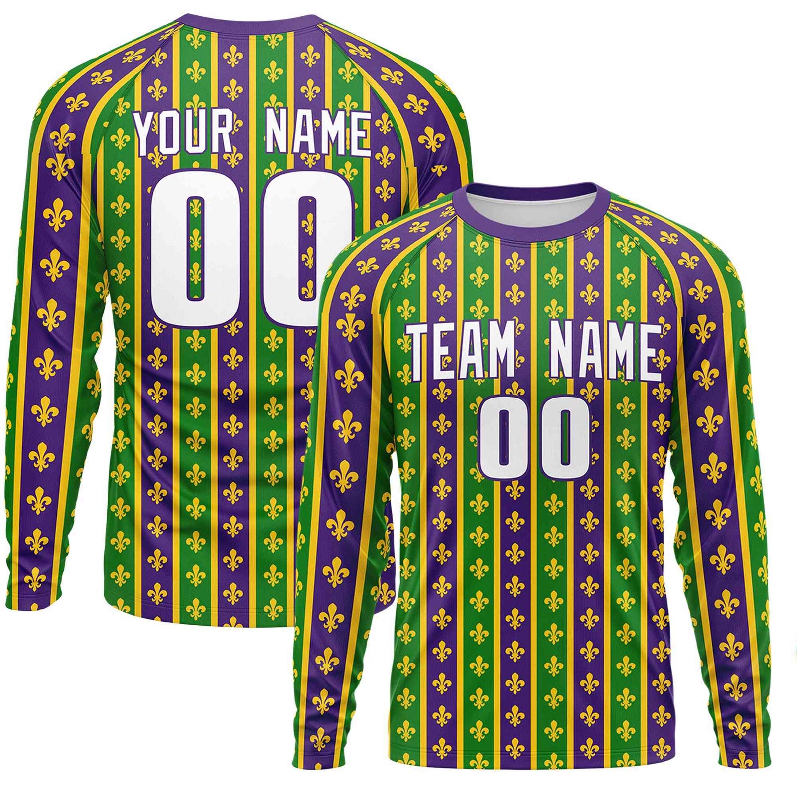 Custom Purple Kelly Green Crew Neck Personalized Mardi Gras Long Sleeve Performance T-shirt | KXKSHOP