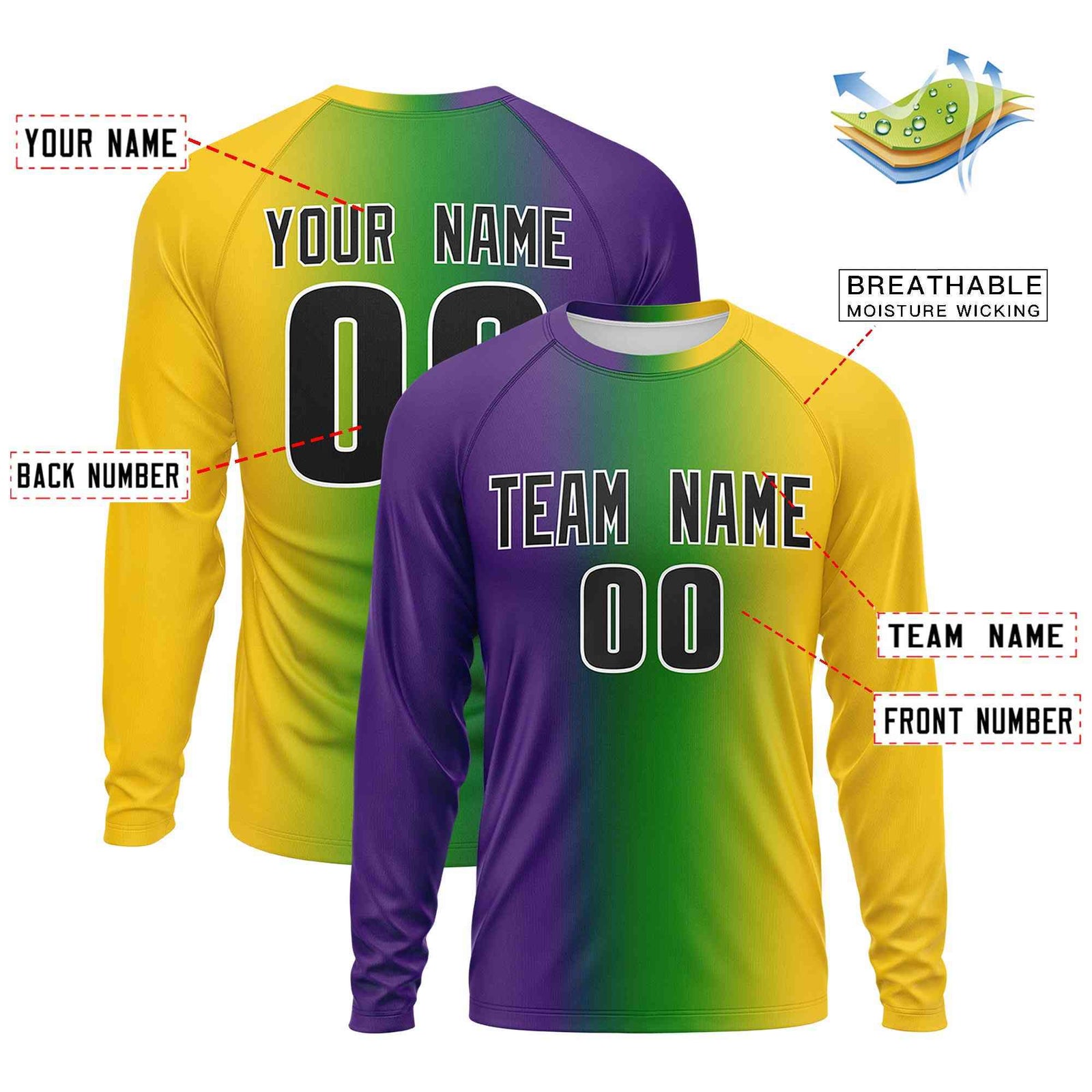 Custom Purple Gold Crew Neck Personalized Mardi Gras Long Sleeve Performance T-shirt | KXKSHOP