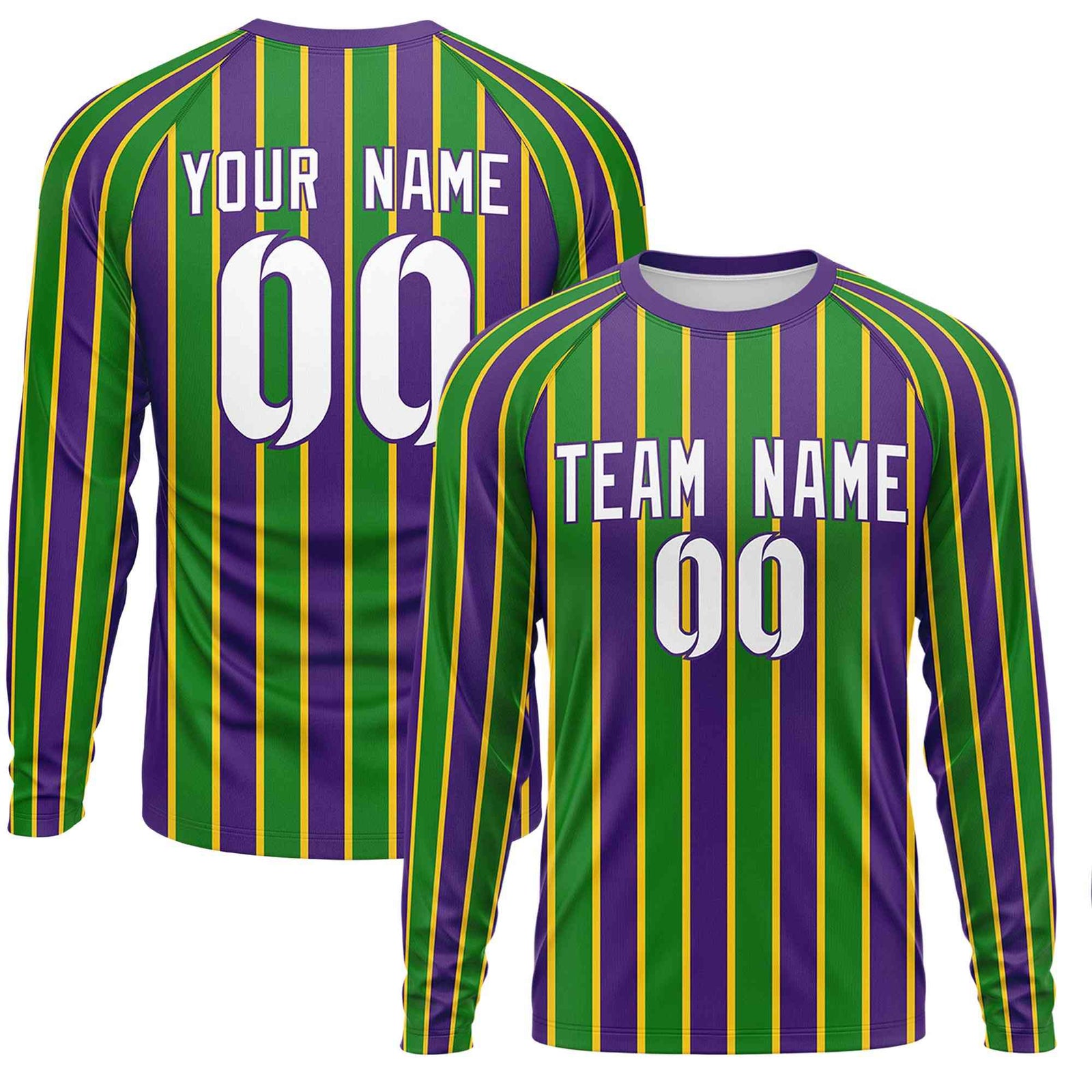 Custom Purple Kelly Green Crew Neck Personalized Mardi Gras Long Sleeve Performance T-shirt | KXKSHOP