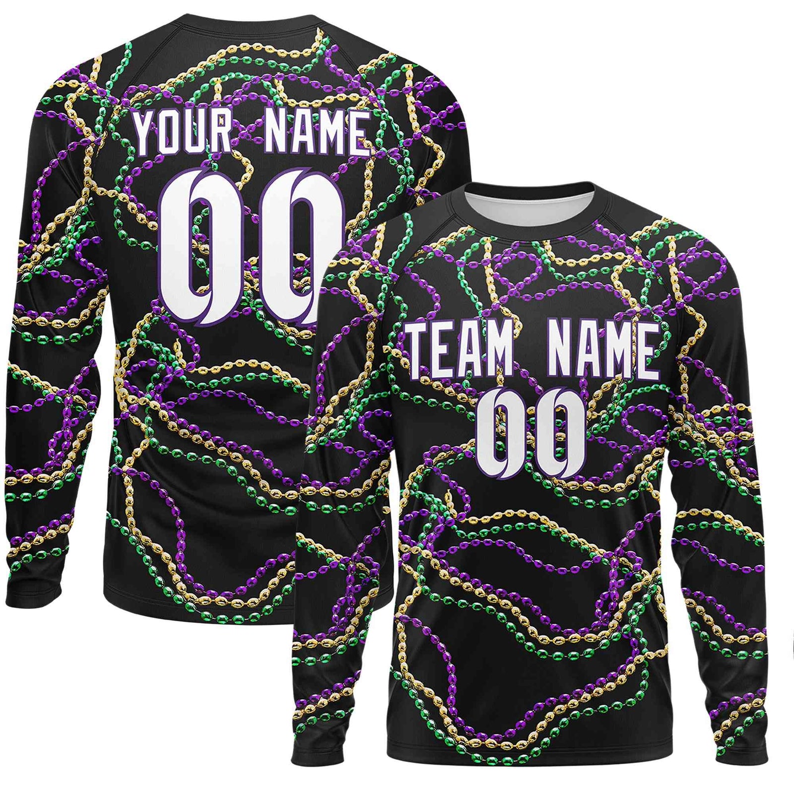 Custom Black Purple Crew Neck Personalized Mardi Gras Long Sleeve Performance T-shirt | KXKSHOP