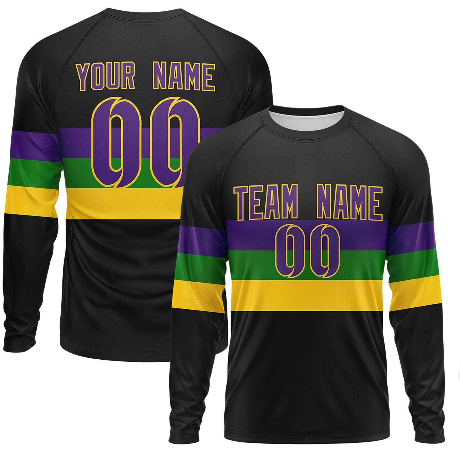 Custom Black Purple Crew Neck Personalized Mardi Gras Long Sleeve Performance T-shirt | KXKSHOP