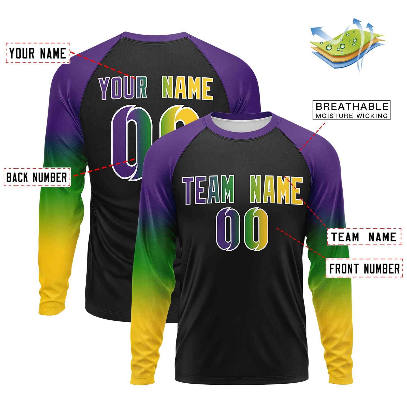 Custom Black Purple Crew Neck Personalized Mardi Gras Long Sleeve Performance T-shirt | KXKSHOP