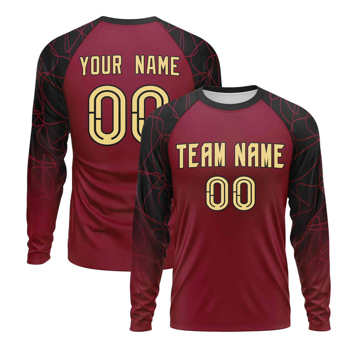 Custom Crimson Black Tangled Lines Pattern Raglan Long Sleeve Performance T-Shirt