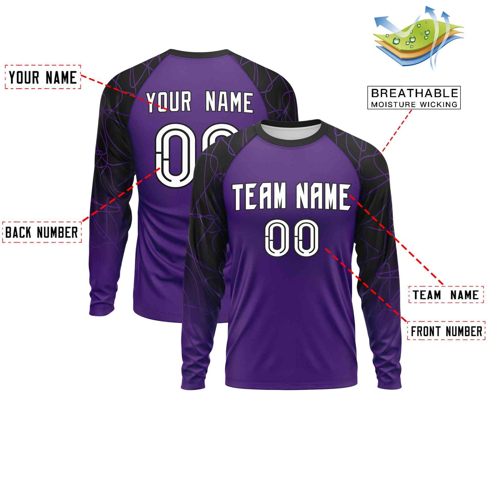 Custom Purple Black Tangled Lines Pattern Raglan Long Sleeve Performance T-Shirt