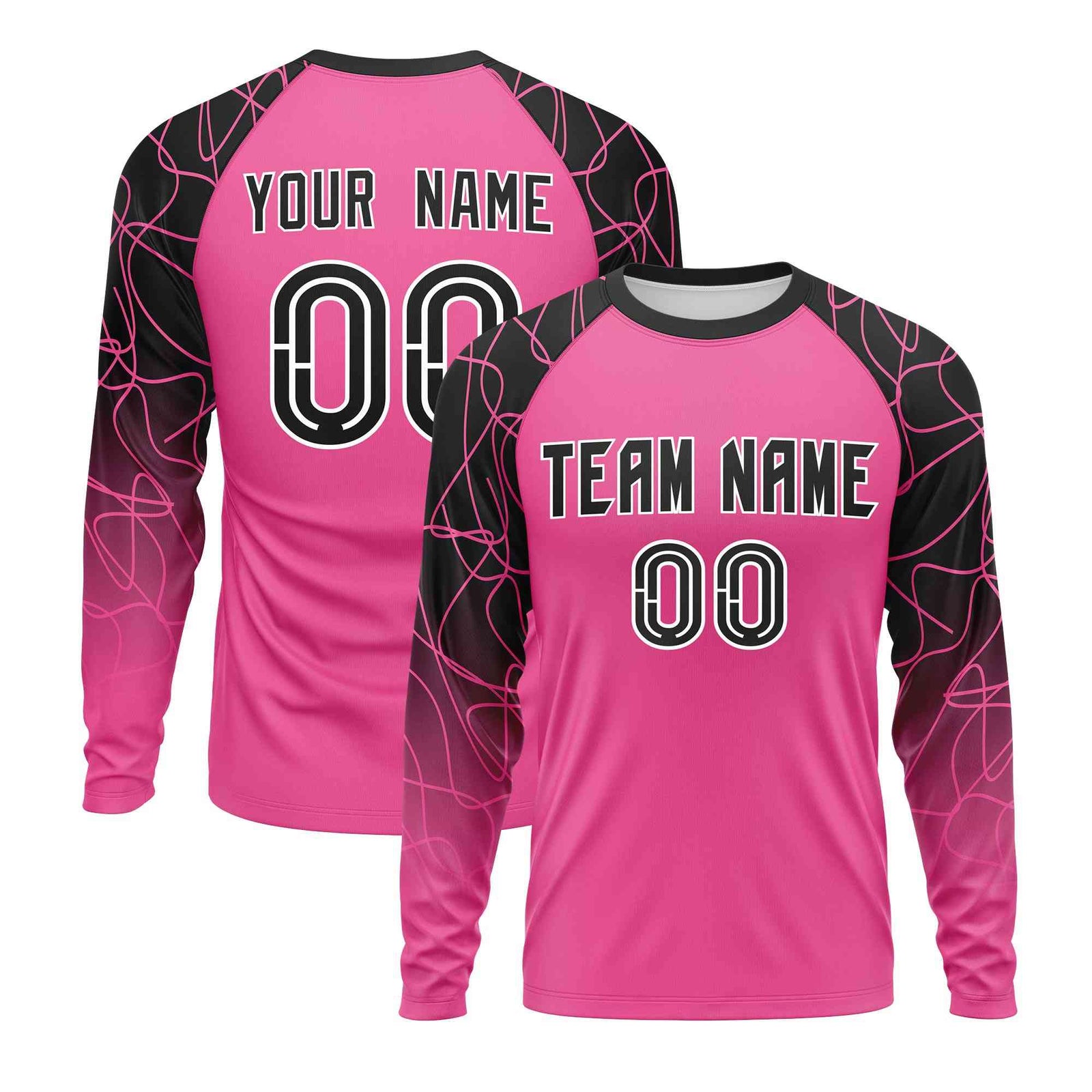 Custom Pink Black Tangled Lines Pattern Raglan Long Sleeve Performance T-Shirt