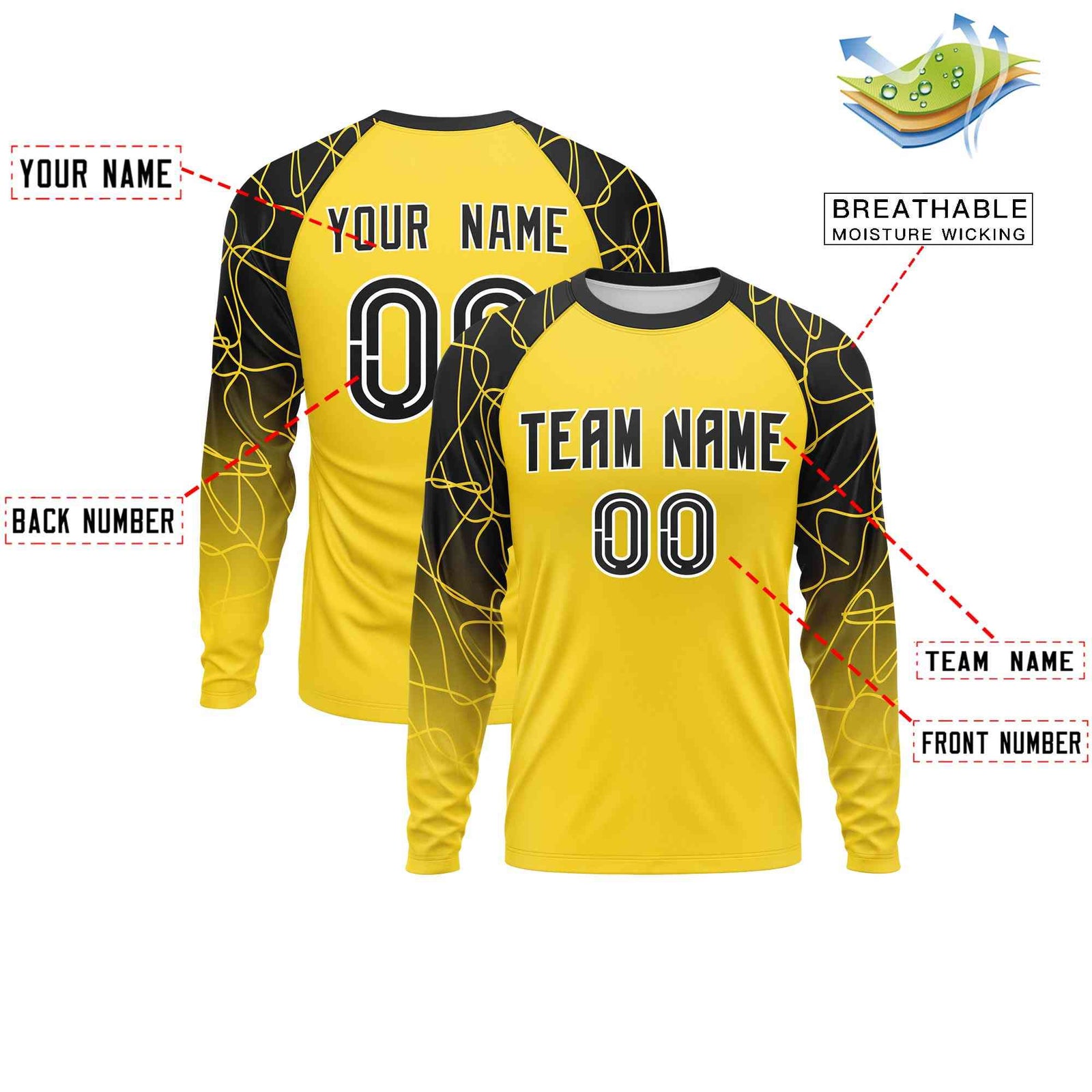 Custom Gold Black Tangled Lines Pattern Raglan Long Sleeve Performance T-Shirt