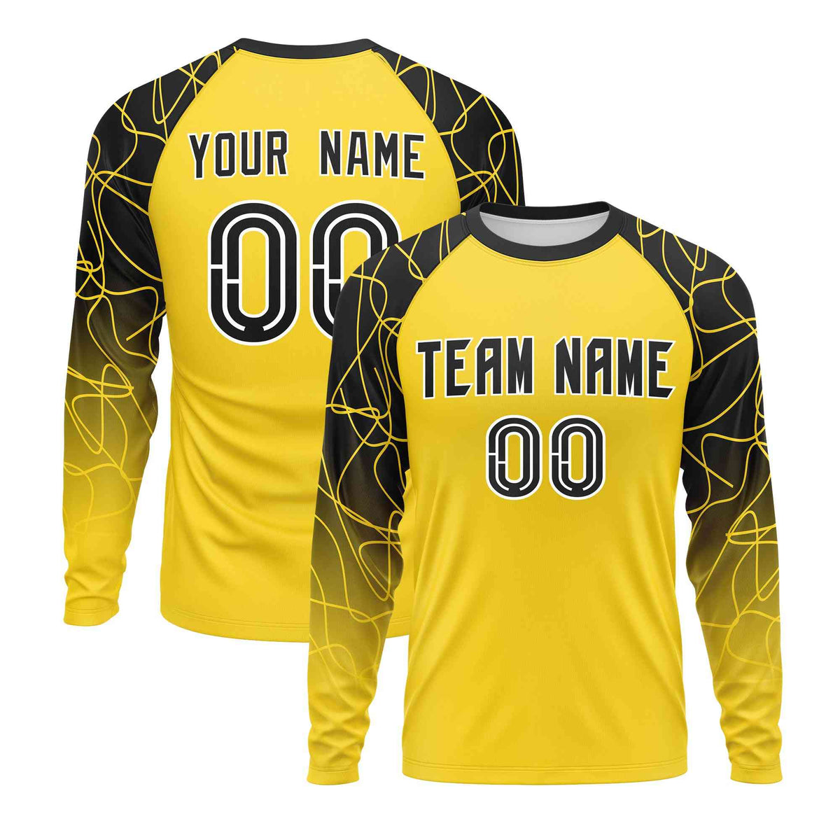 Custom Gold Black Tangled Lines Pattern Raglan Long Sleeve Performance T-Shirt