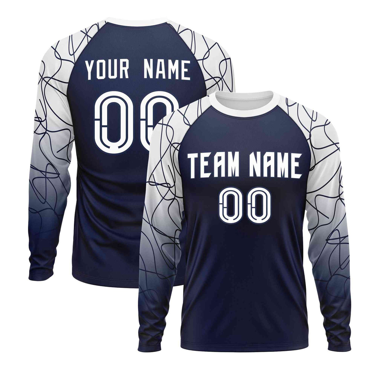 Custom Navy White Tangled Lines Pattern Raglan Long Sleeve Performance T-Shirt