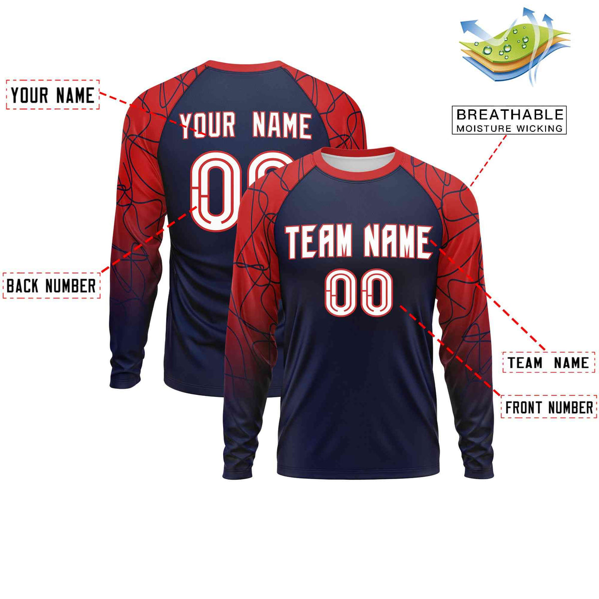 Custom Navy Red Tangled Lines Pattern Raglan Long Sleeve Performance T-Shirt