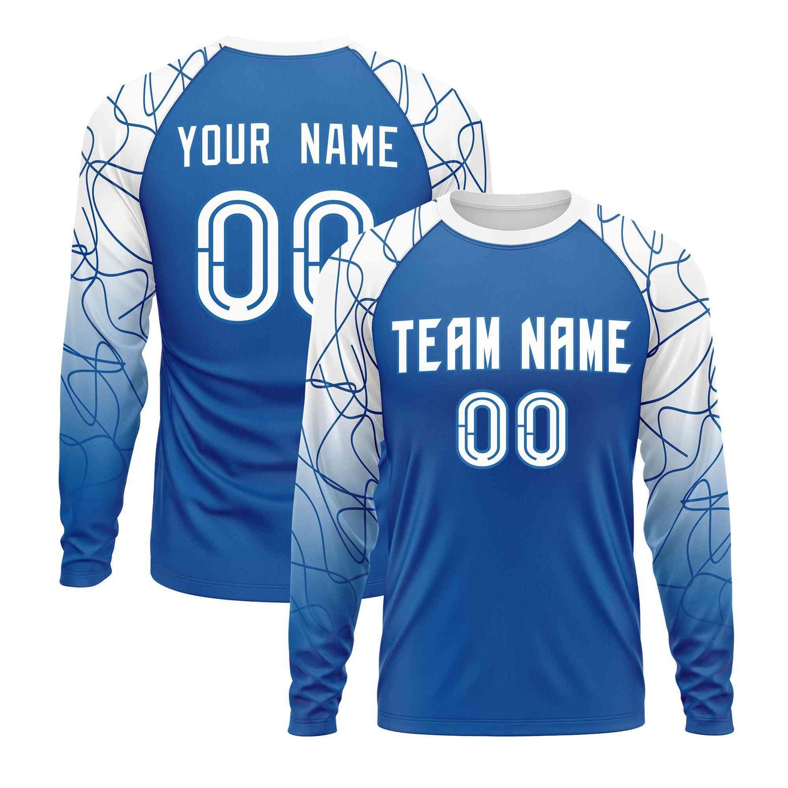 Custom White Royal Tangled Lines Pattern Raglan Long Sleeve Performance T-Shirt
