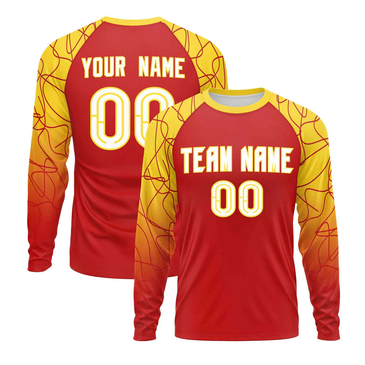 Custom Red Gold Tangled Lines Pattern Raglan Long Sleeve Performance T-Shirt