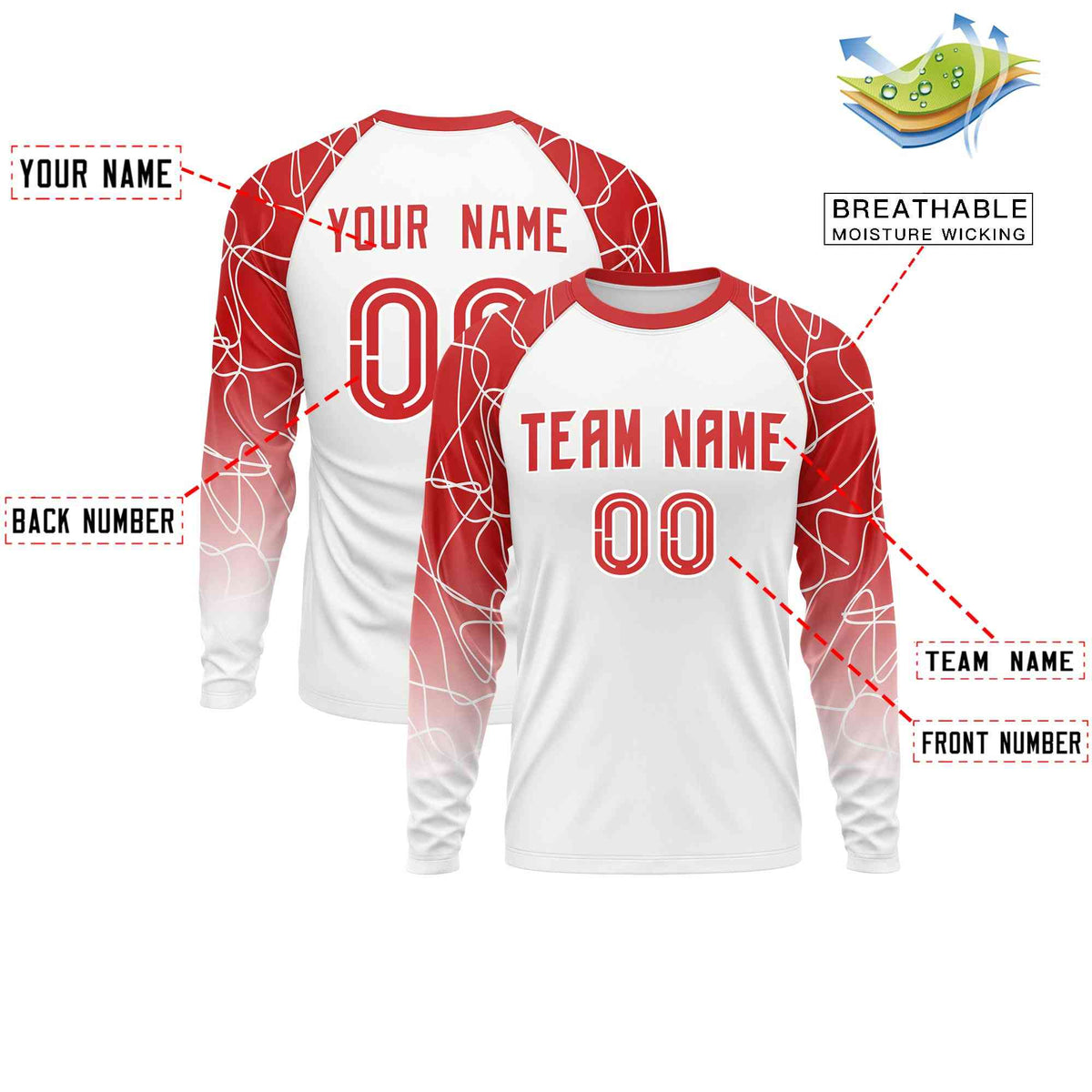 Custom White Red Tangled Lines Pattern Raglan Long Sleeve Performance T-Shirt