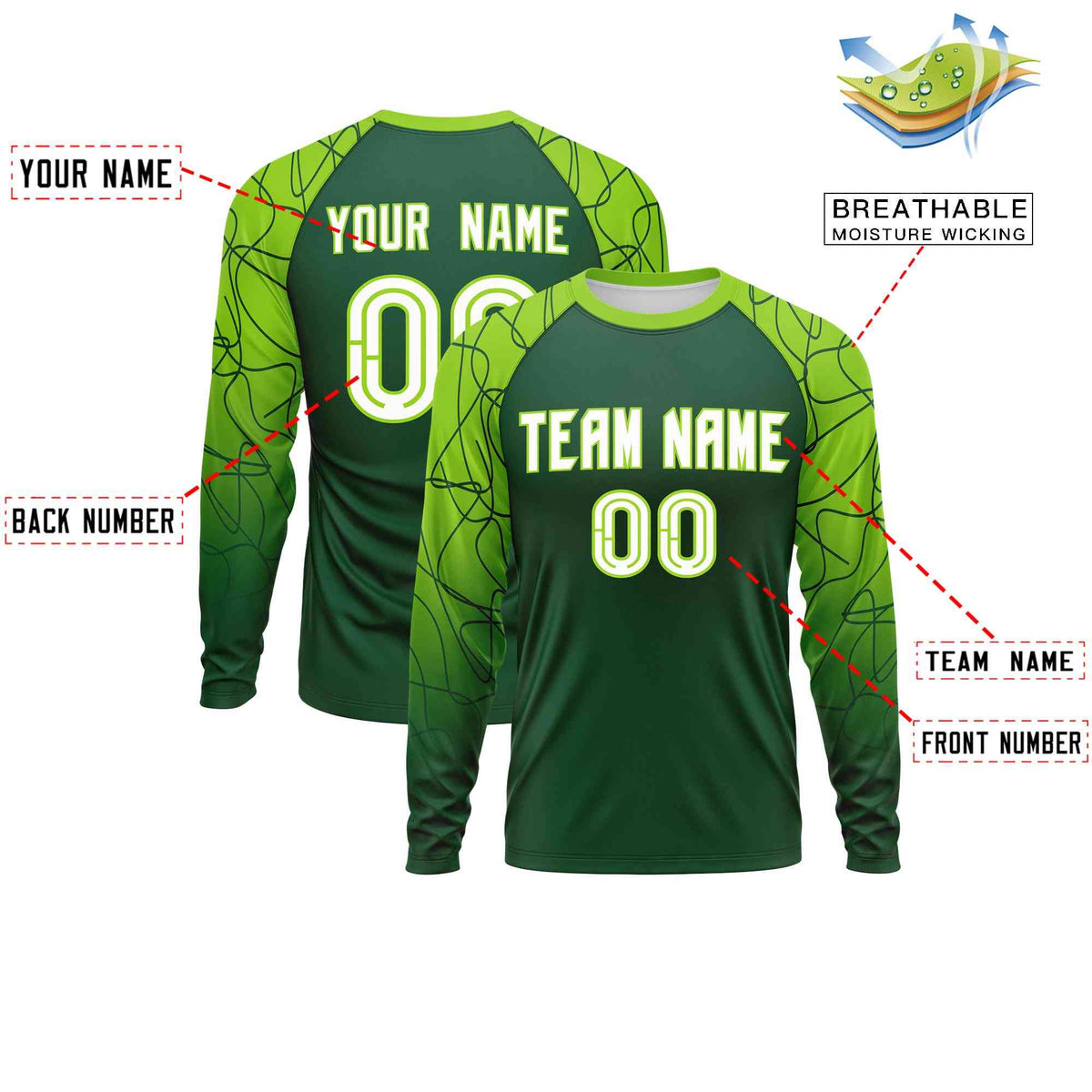 Custom Green Neon Green Tangled Lines Pattern Raglan Long Sleeve Performance T-Shirt