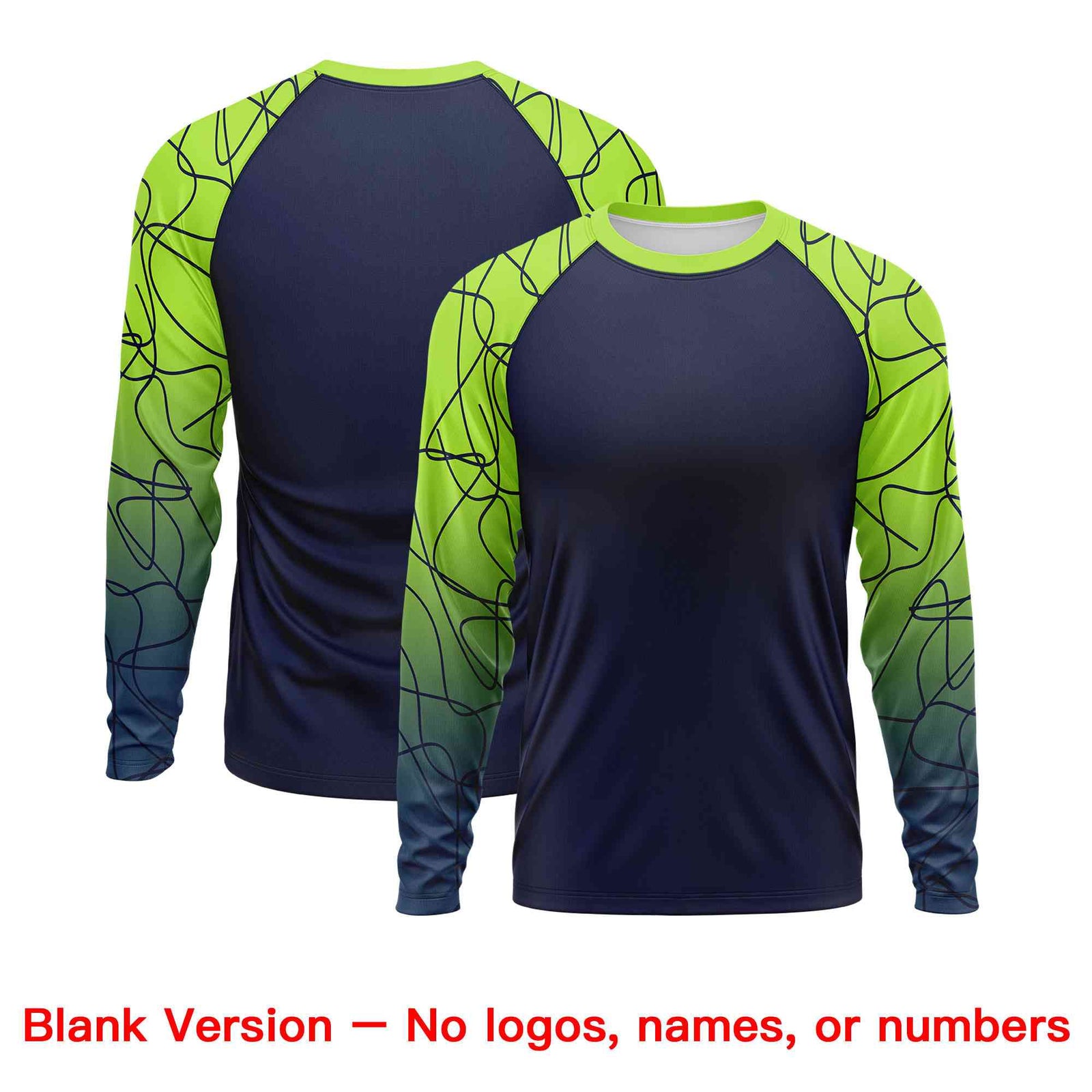 Custom Navy Neon Green Tangled Lines Pattern Raglan Long Sleeve Performance T-Shirt