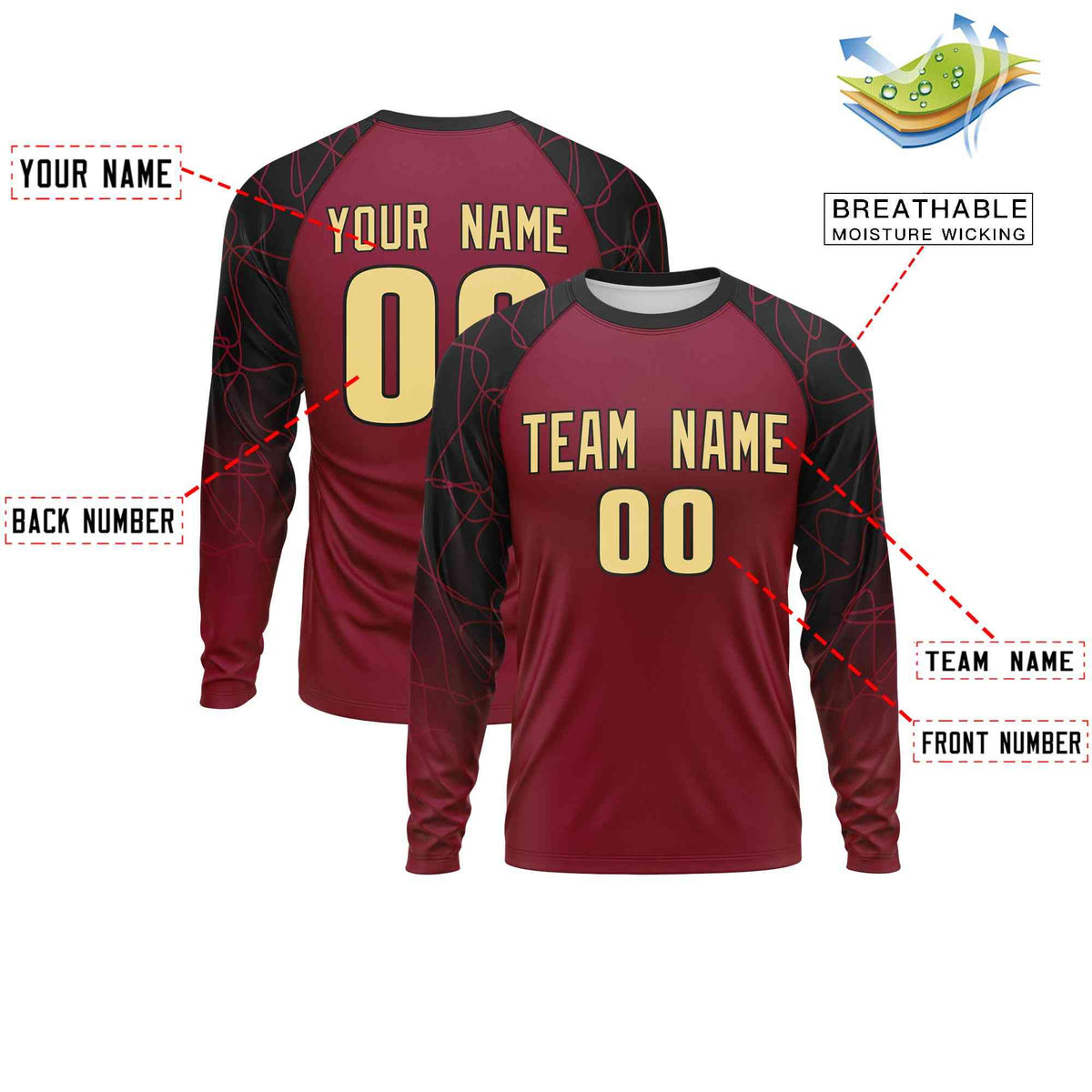Custom Crimson Black Tangled Lines Pattern Raglan Long Sleeve Performance T-Shirt| KXKSHOP