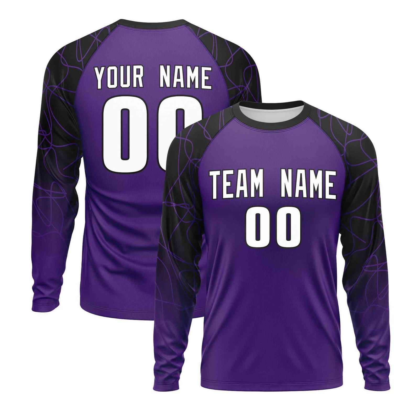 Custom Purple Black Tangled Lines Pattern Raglan Long Sleeve Performance T-Shirt| KXKSHOP