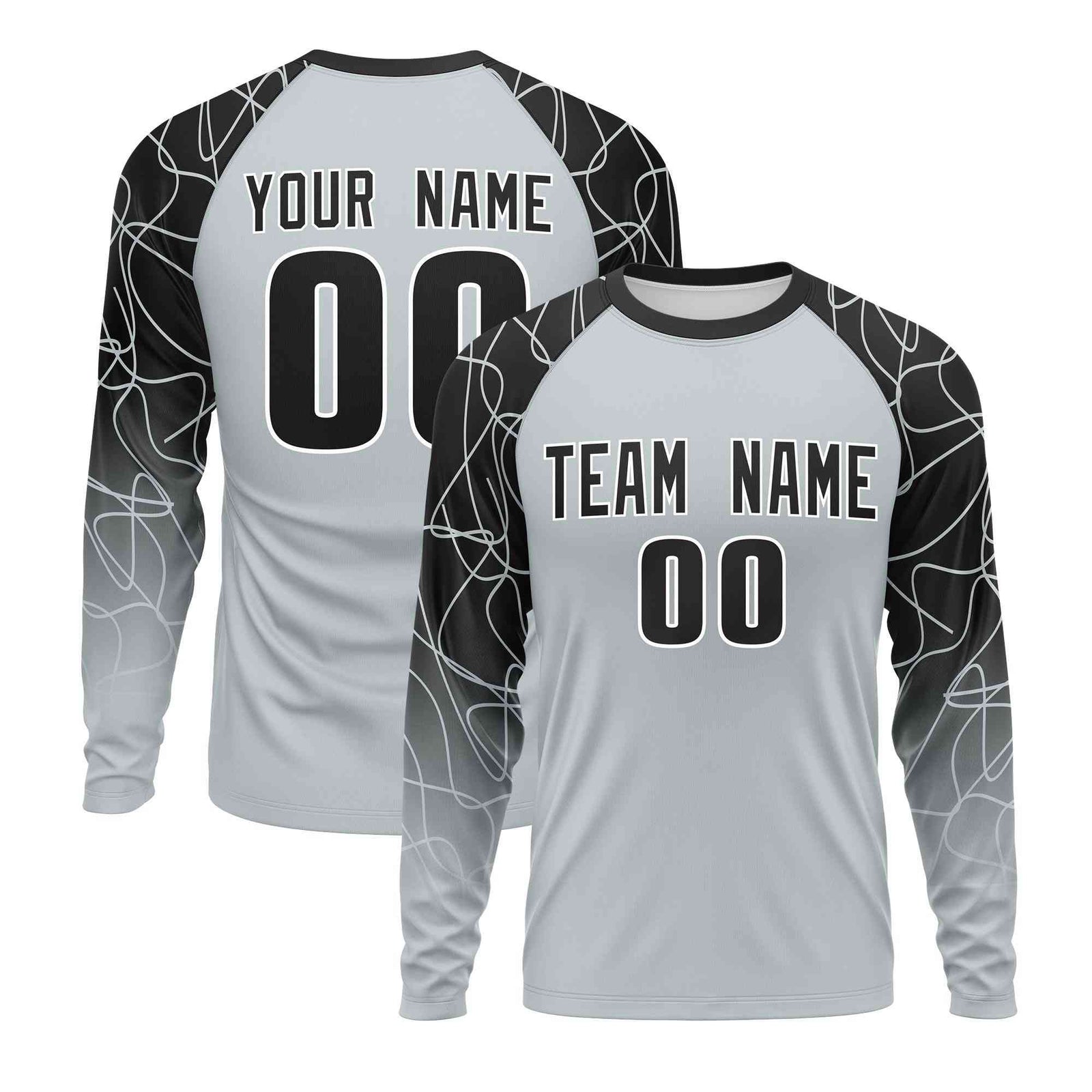 Custom Silver Black Tangled Lines Pattern Raglan Long Sleeve Performance T-Shirt| KXKSHOP