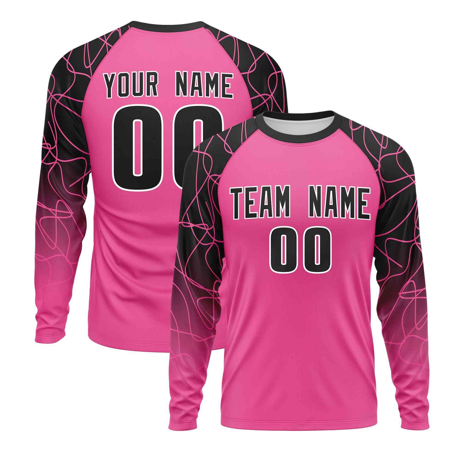 Custom Pink Black Tangled Lines Pattern Raglan Long Sleeve Performance T-Shirt| KXKSHOP