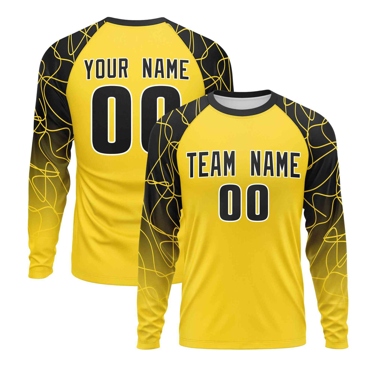 Custom Gold Black Tangled Lines Pattern Raglan Long Sleeve Performance T-Shirt| KXKSHOP