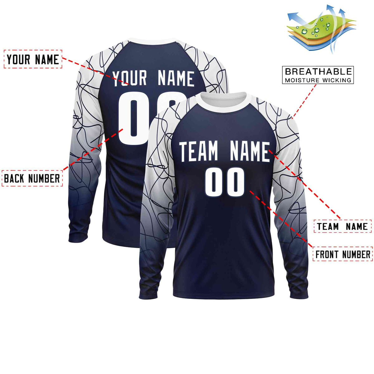 Custom Navy White Tangled Lines Pattern Raglan Long Sleeve Performance T-Shirt| KXKSHOP