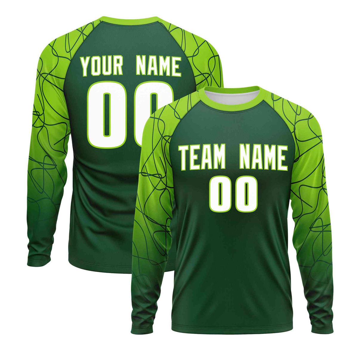 Custom Green Neon Green Tangled Lines Pattern Raglan Long Sleeve Performance T-Shirt| KXKSHOP