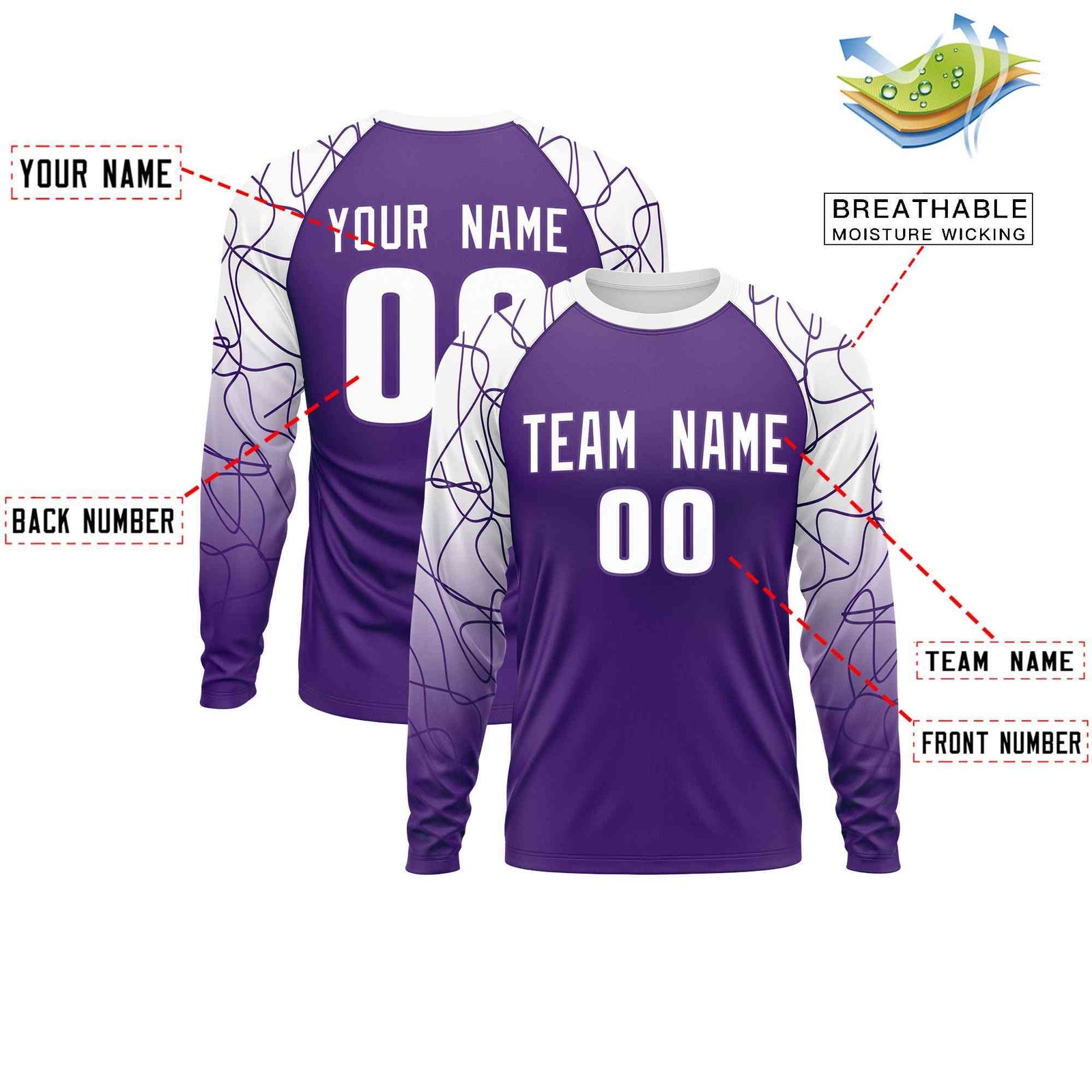 Custom Purple White Tangled Lines Pattern Raglan Long Sleeve Performance T-Shirt| KXKSHOP