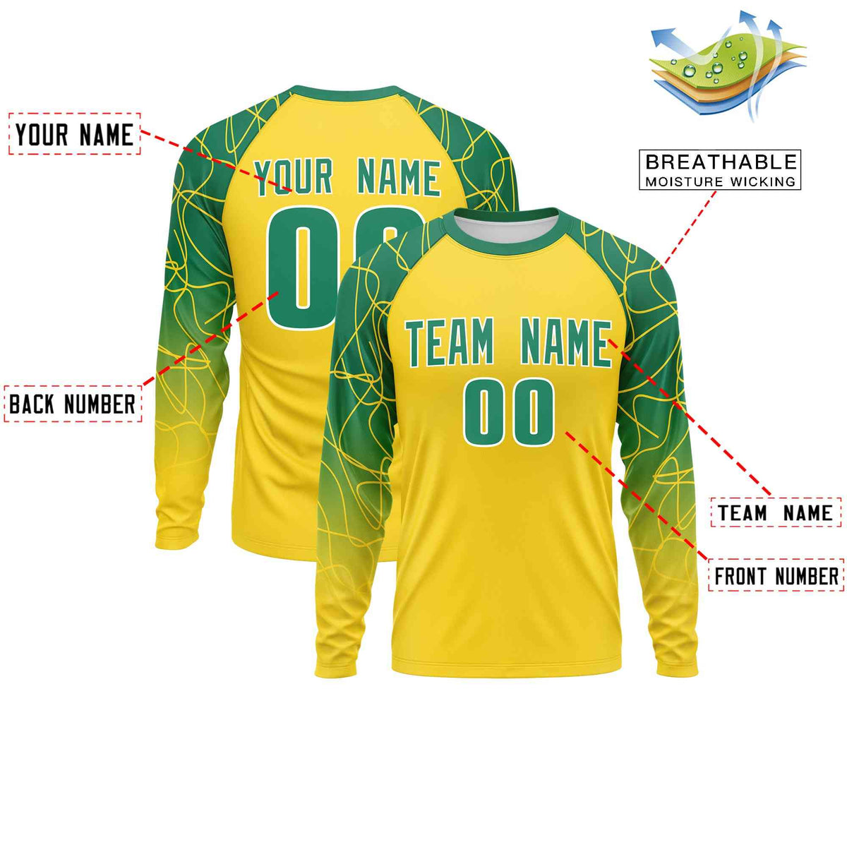 Custom Gold Kelly Green Tangled Lines Pattern Raglan Long Sleeve Performance T-Shirt| KXKSHOP