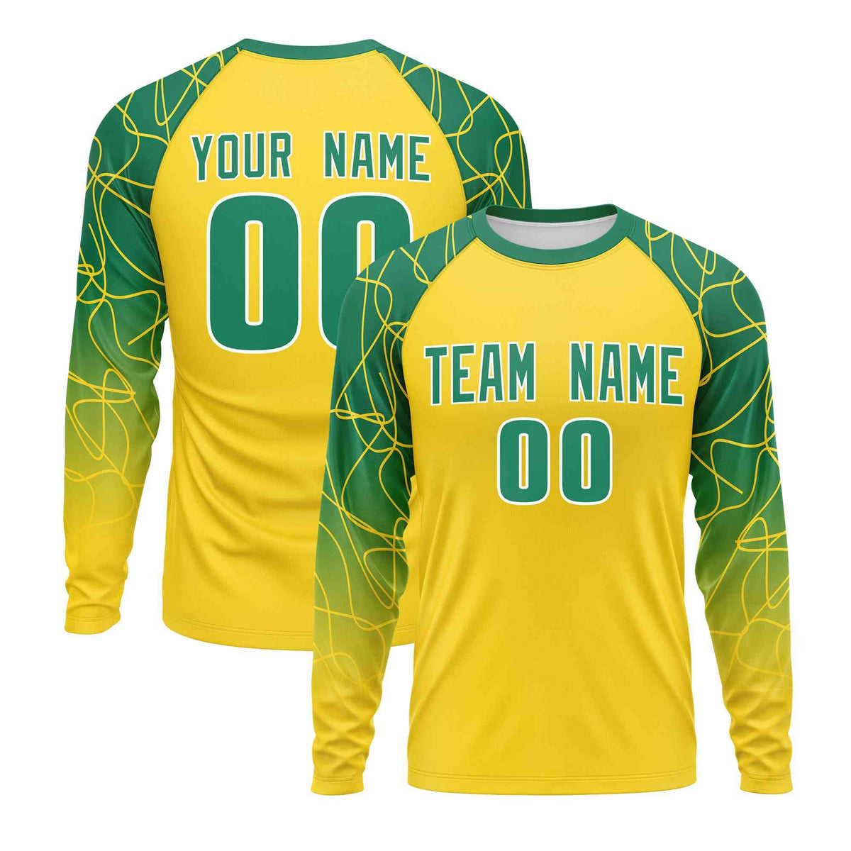 Custom Gold Kelly Green Tangled Lines Pattern Raglan Long Sleeve Performance T-Shirt| KXKSHOP