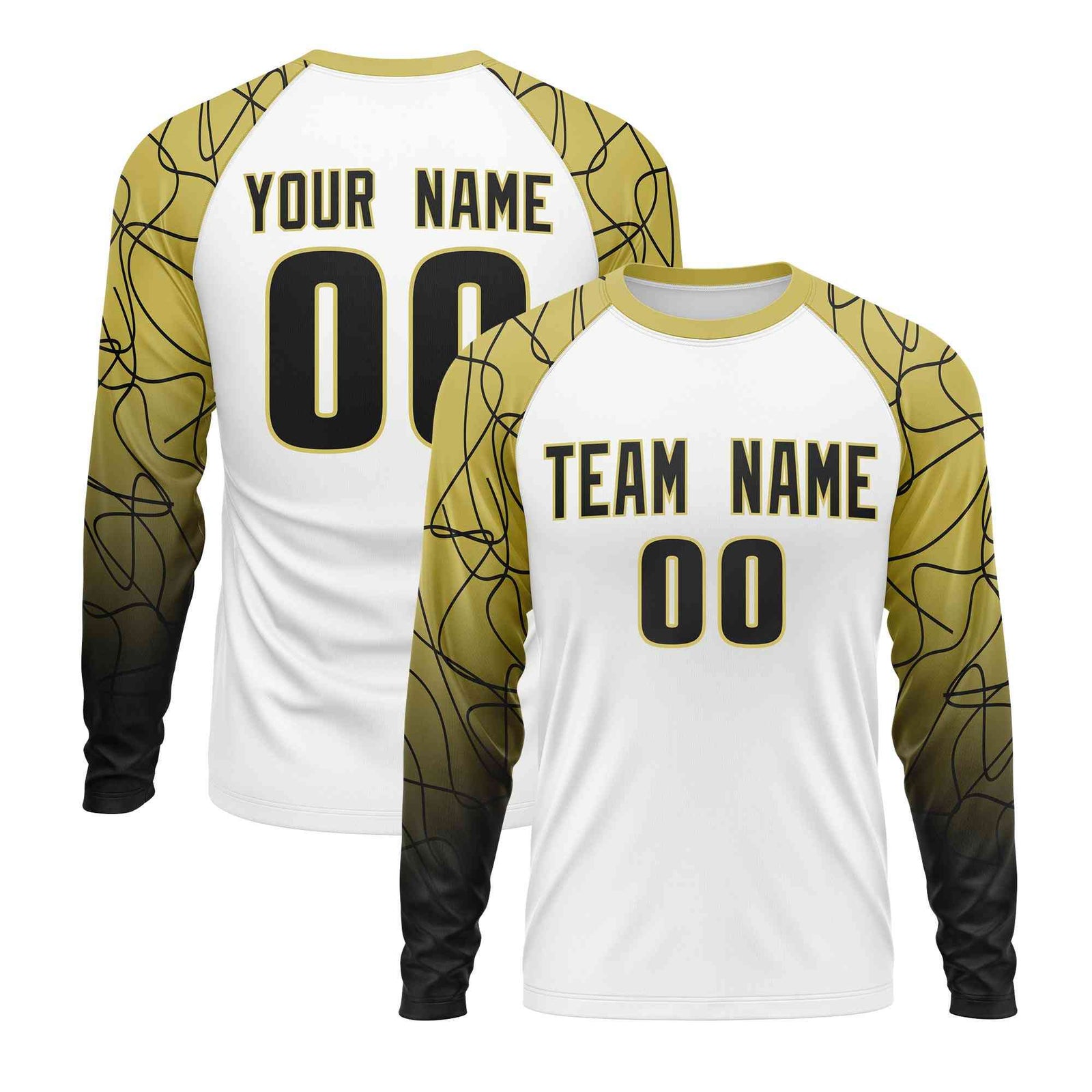 Custom White Old Gold Tangled Lines Pattern Raglan Long Sleeve Performance T-Shirt| KXKSHOP