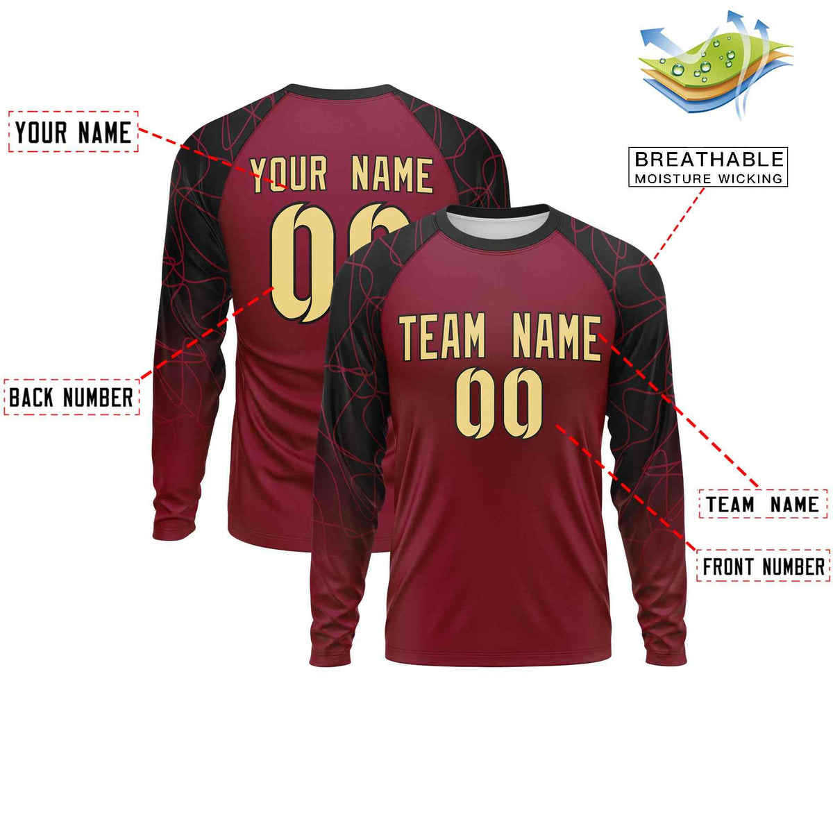 Custom Crimson Black Tangled Lines Pattern Raglan Long Sleeve Performance T-Shirt