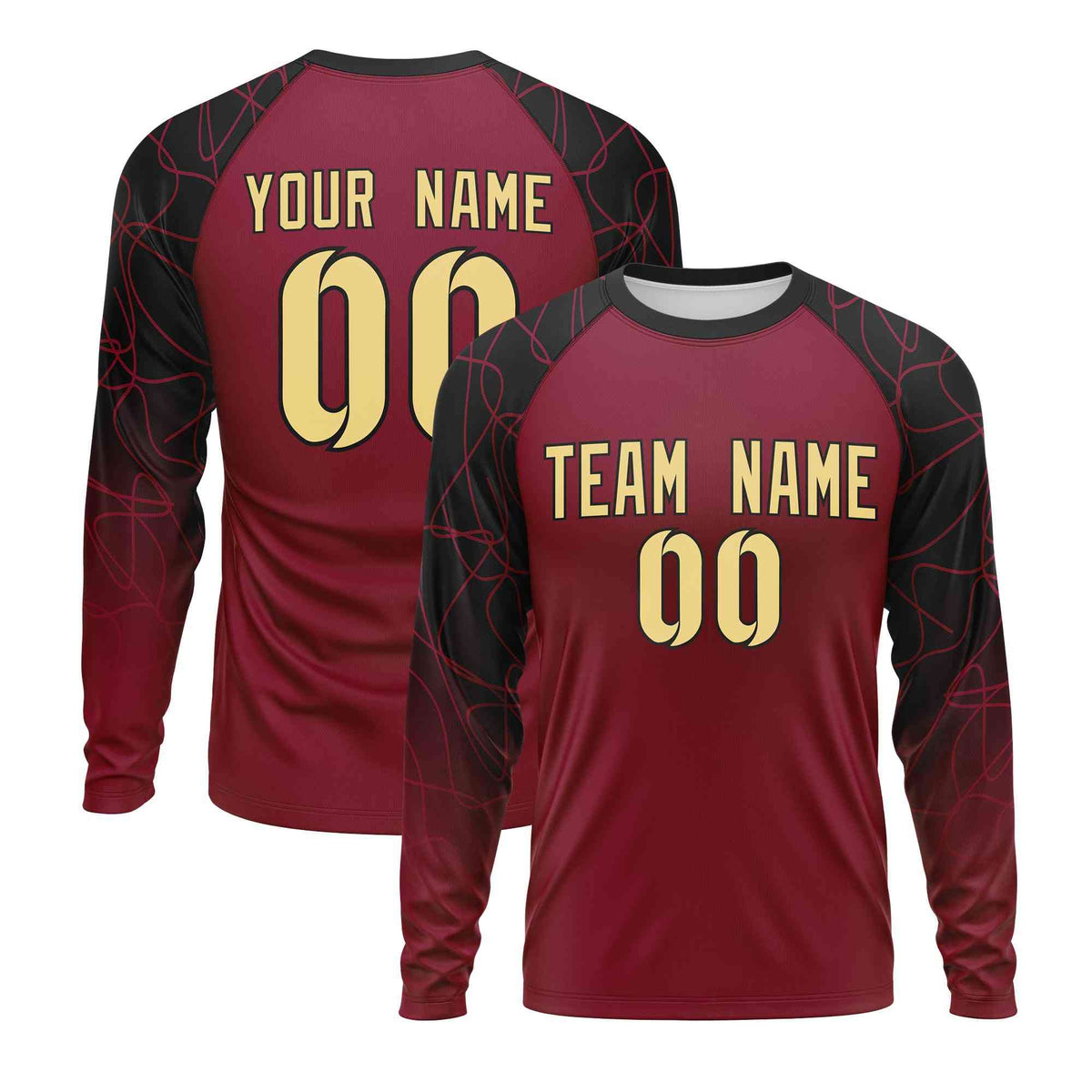Custom Crimson Black Tangled Lines Pattern Raglan Long Sleeve Performance T-Shirt