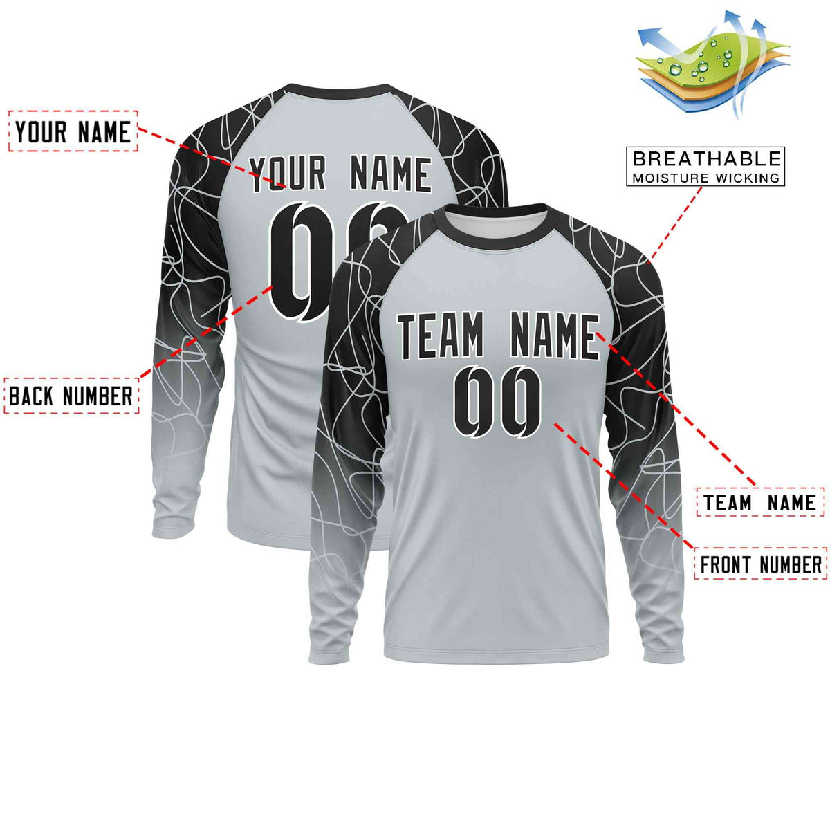 Custom Silver Black Tangled Lines Pattern Raglan Long Sleeve Performance T-Shirt