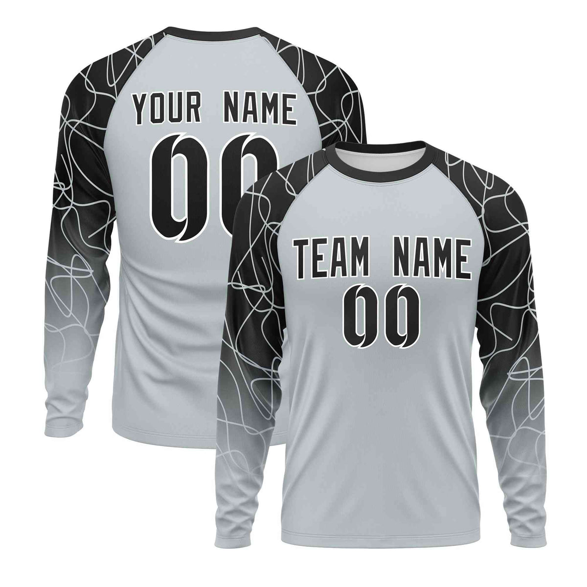 Custom Silver Black Tangled Lines Pattern Raglan Long Sleeve Performance T-Shirt