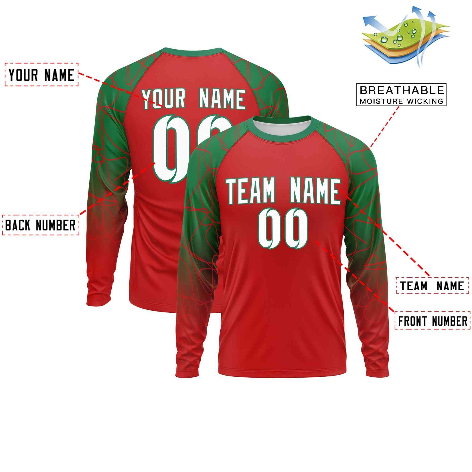 Custom Red Kelly Green Tangled Lines Pattern Raglan Long Sleeve Performance T-Shirt