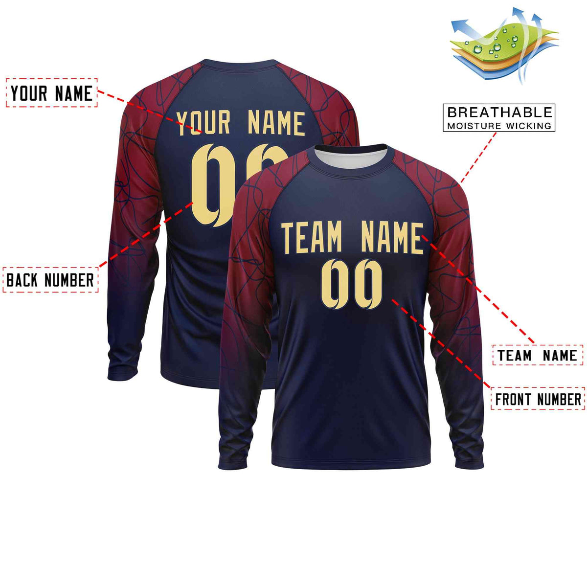 Custom Navy Crimson Tangled Lines Pattern Raglan Long Sleeve Performance T-Shirt