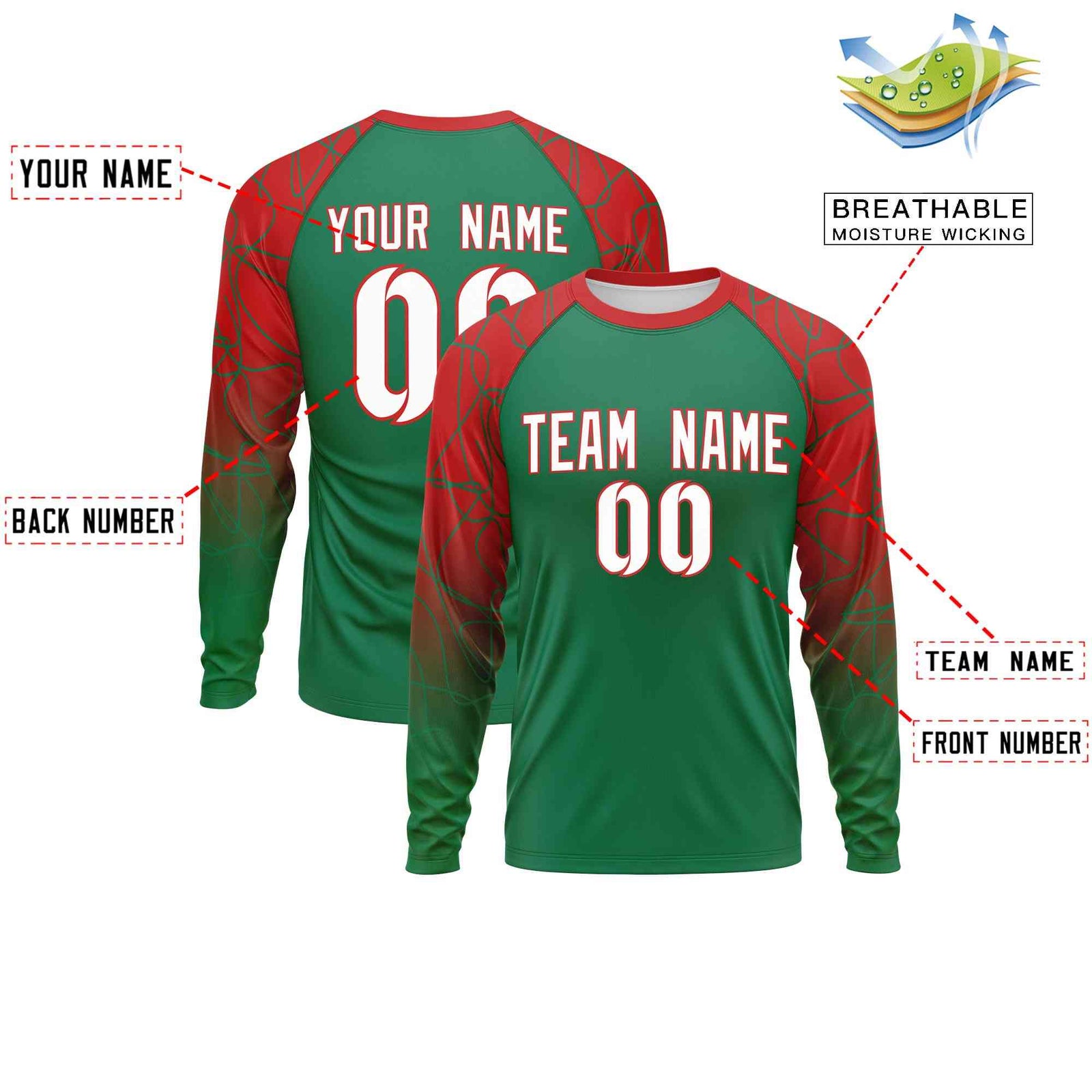 Custom Kelly Green Red Tangled Lines Pattern Raglan Long Sleeve Performance T-Shirt