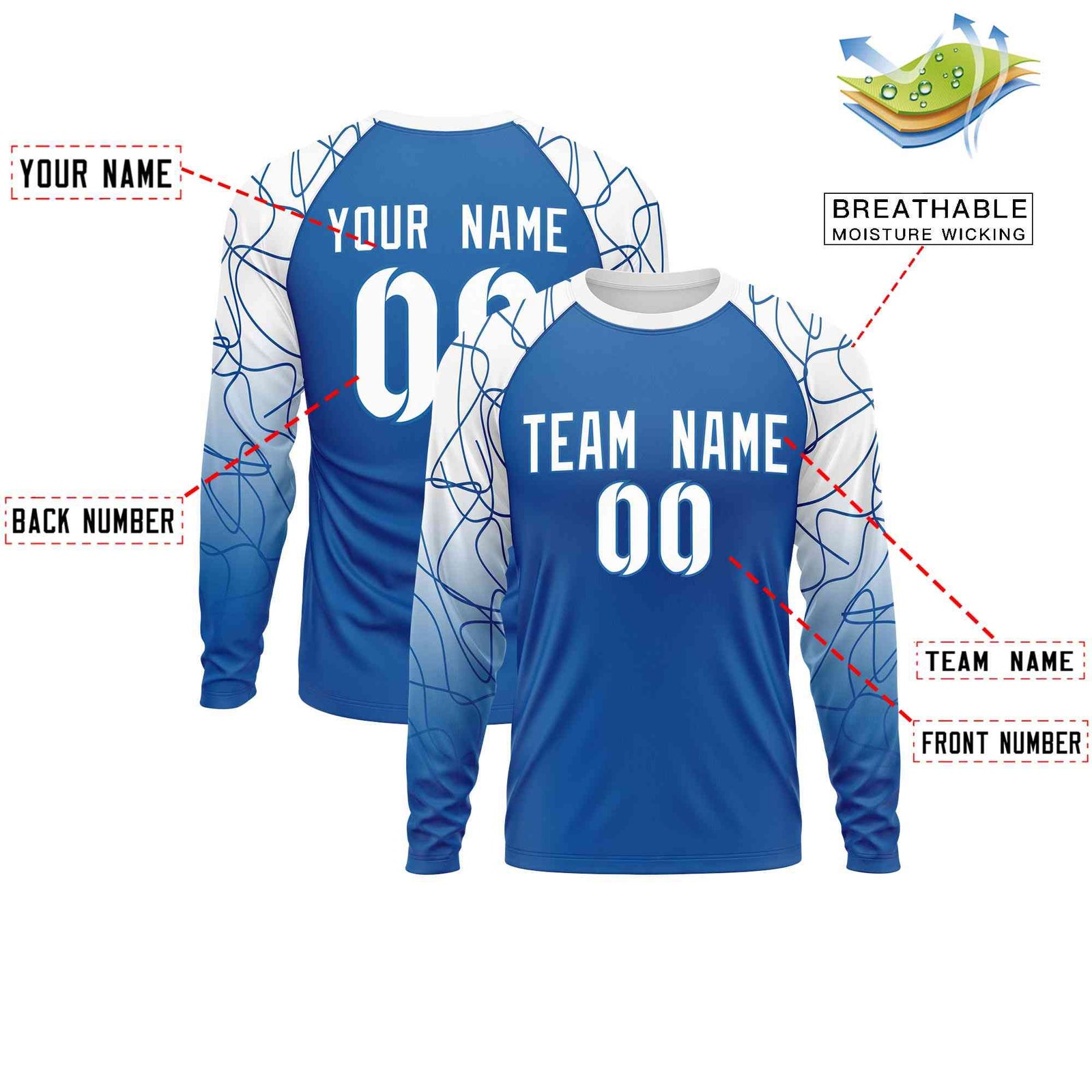 Custom White Royal Tangled Lines Pattern Raglan Long Sleeve Performance T-Shirt
