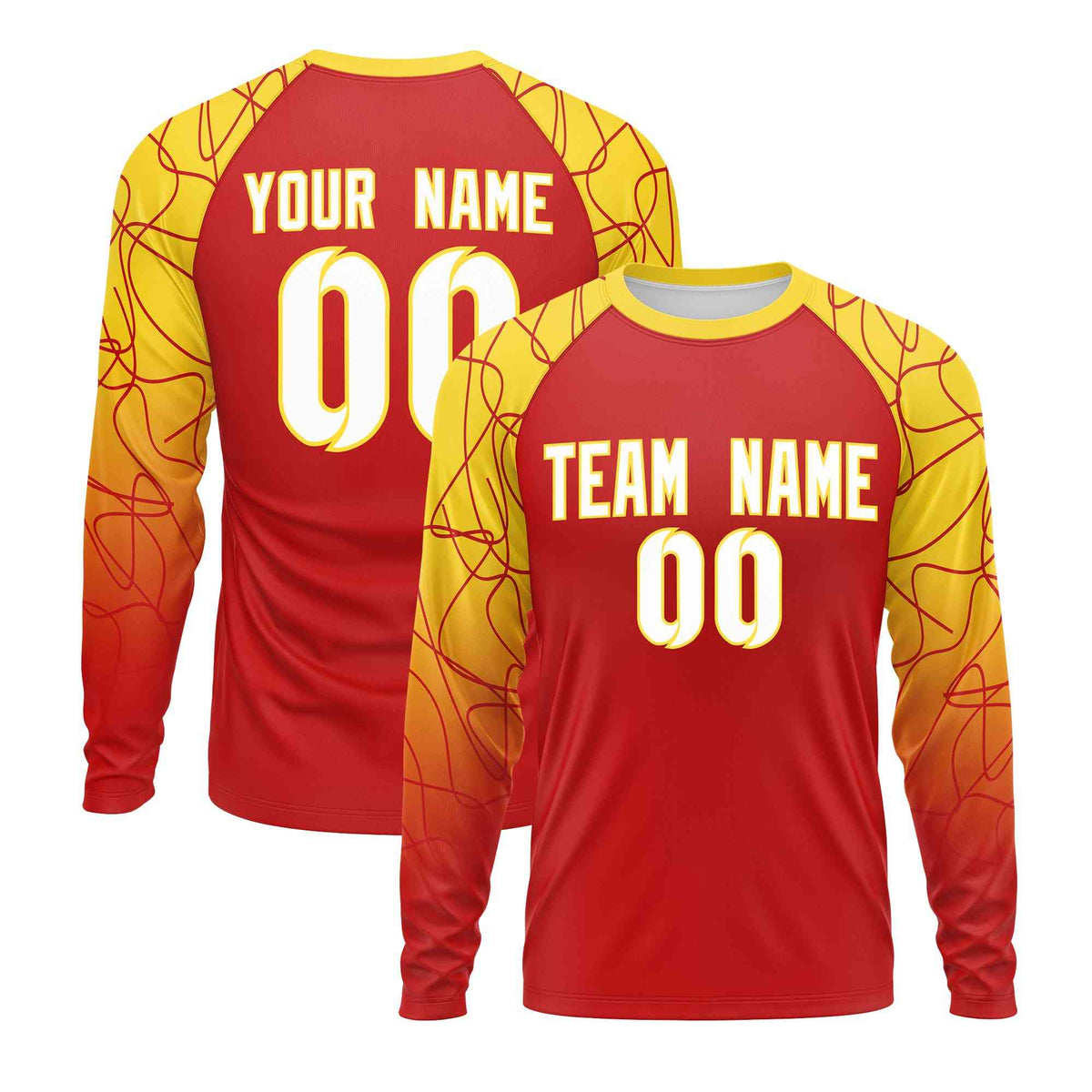 Custom Red Gold Tangled Lines Pattern Raglan Long Sleeve Performance T-Shirt