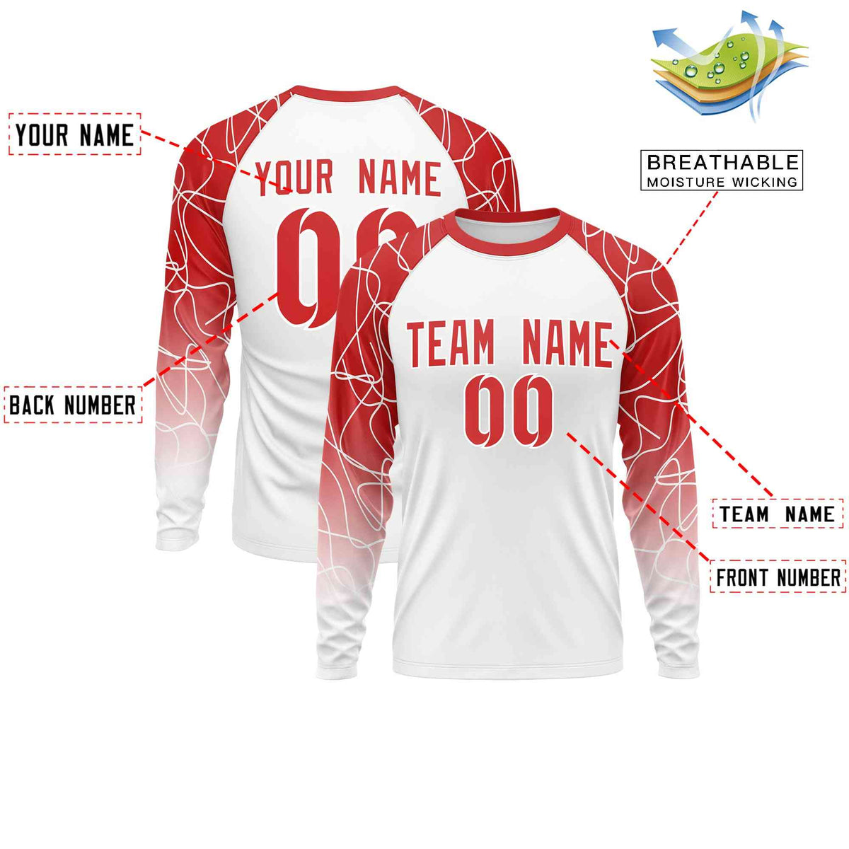 Custom White Red Tangled Lines Pattern Raglan Long Sleeve Performance T-Shirt