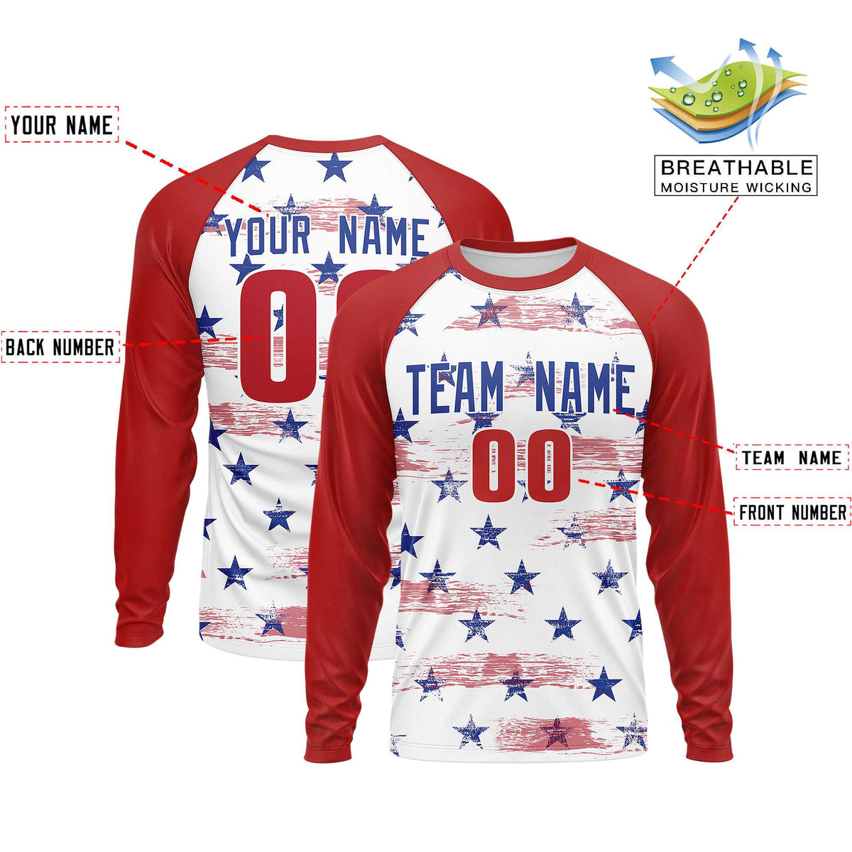 Custom White Red-Royal Personalized American Flag Design Long Sleeve Performance T-shirt