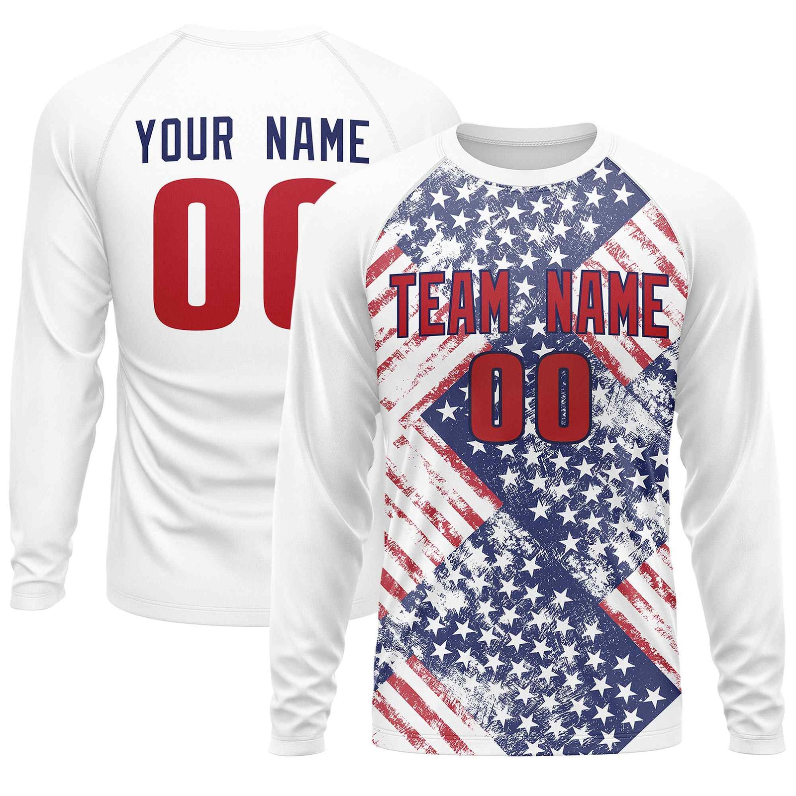 Custom White Royal-Red Personalized American Flag Design Long Sleeve Performance T-shirt